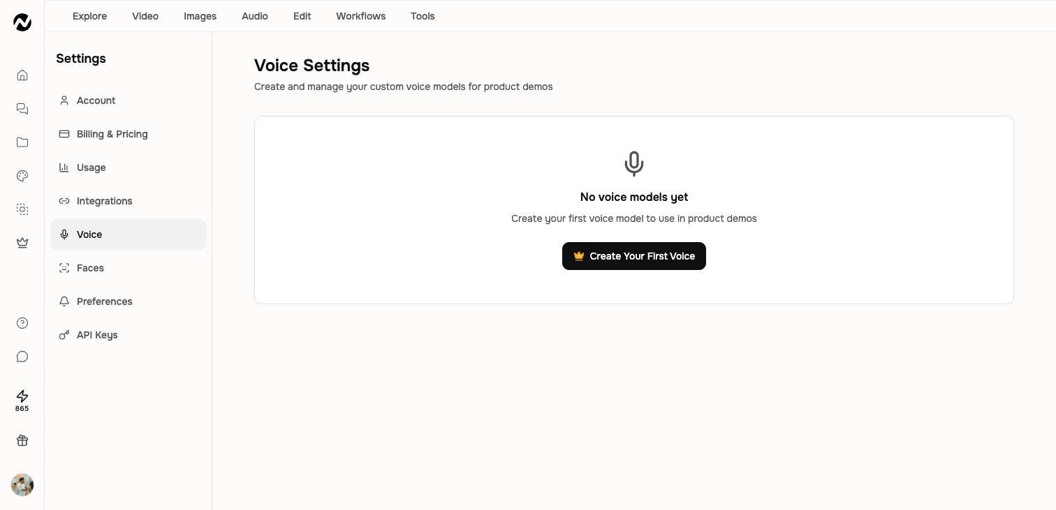 Voice Settings with the option to create a first custom voice