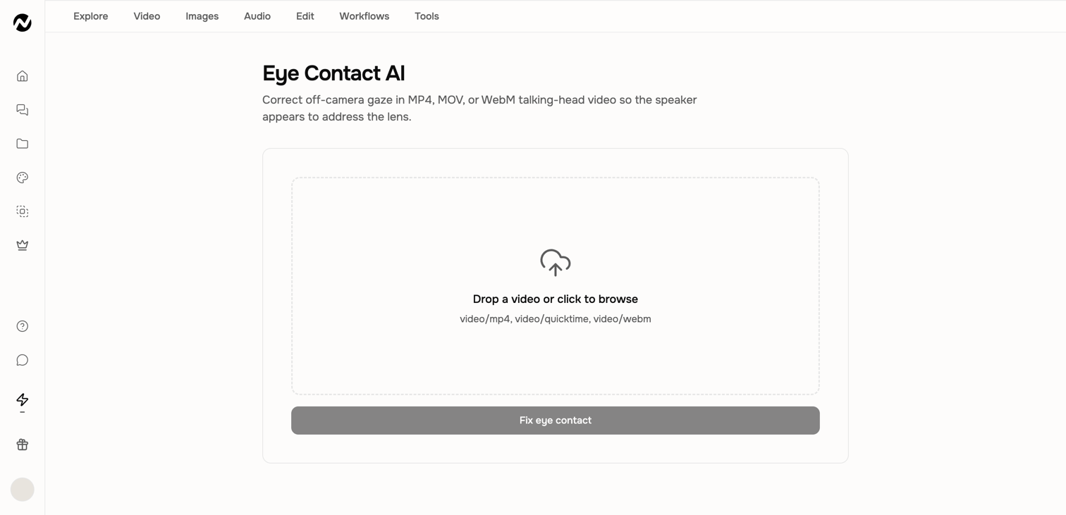 The Eye Contact AI upload workspace with its supported talking-head video formats