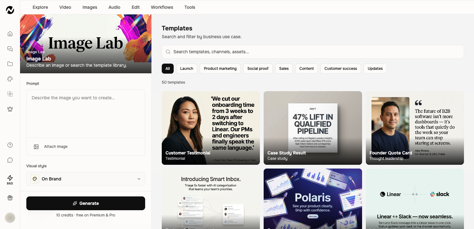 Image Lab with prompt, reference upload, style, platform, model, and template controls