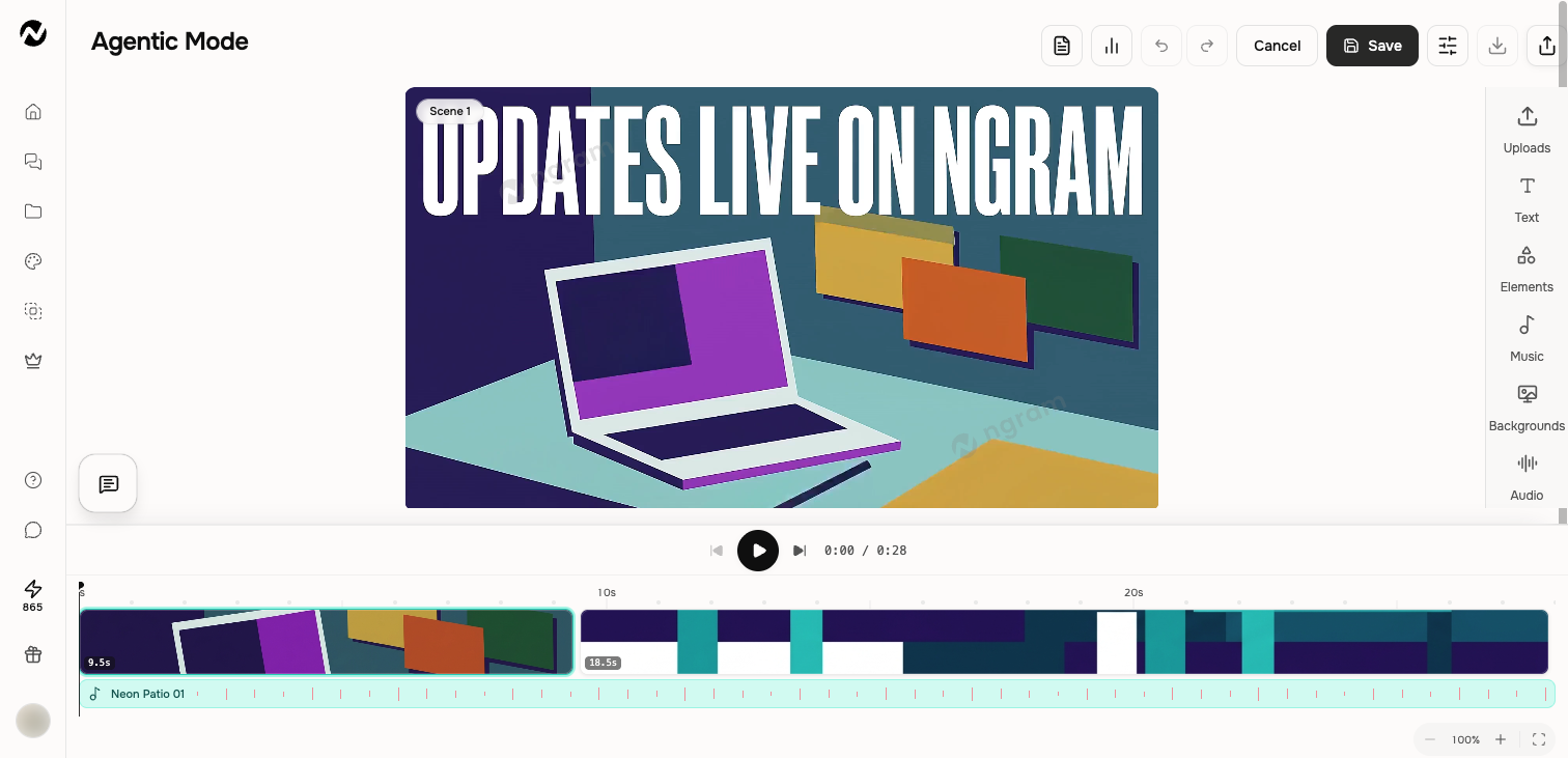 The inline agentic Edit workspace with scene controls and the video timeline