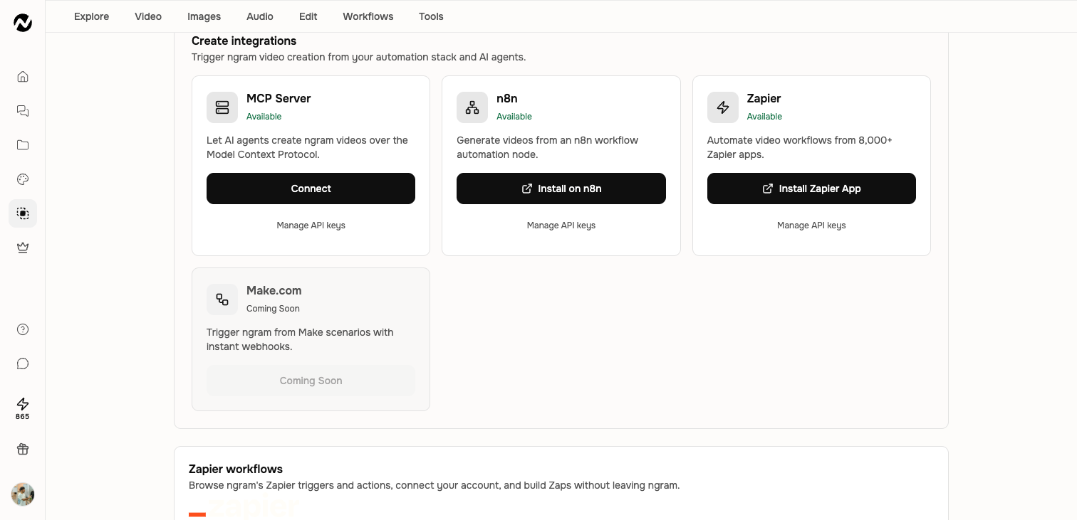 The Create integrations area showing MCP, n8n, Zapier, and Make availability
