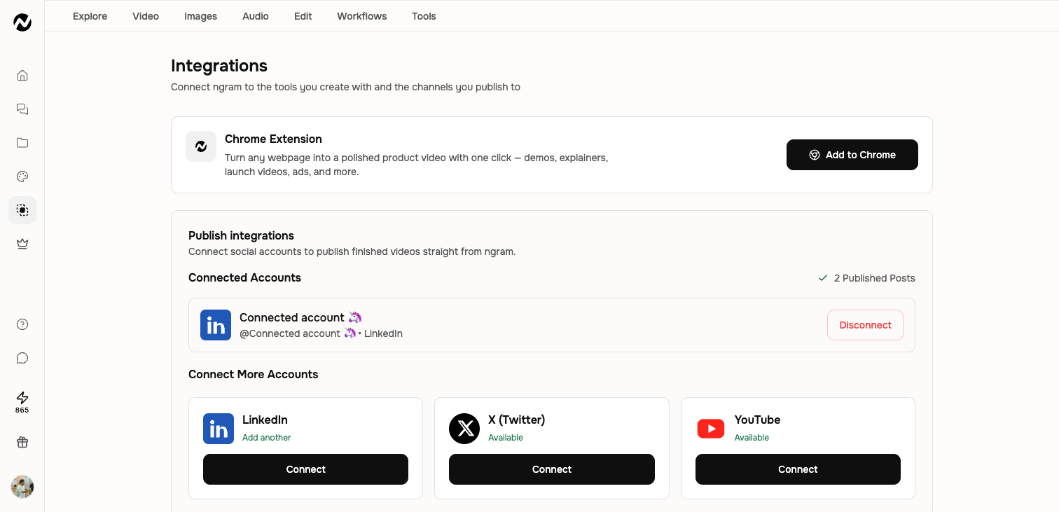 The Integrations page with LinkedIn, X, and YouTube publishing connections
