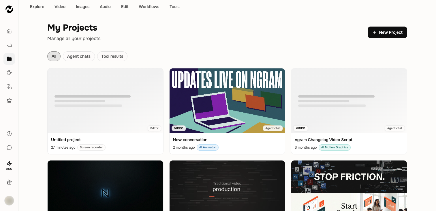 The My Projects page with All, Agent chats, and Tool results filters