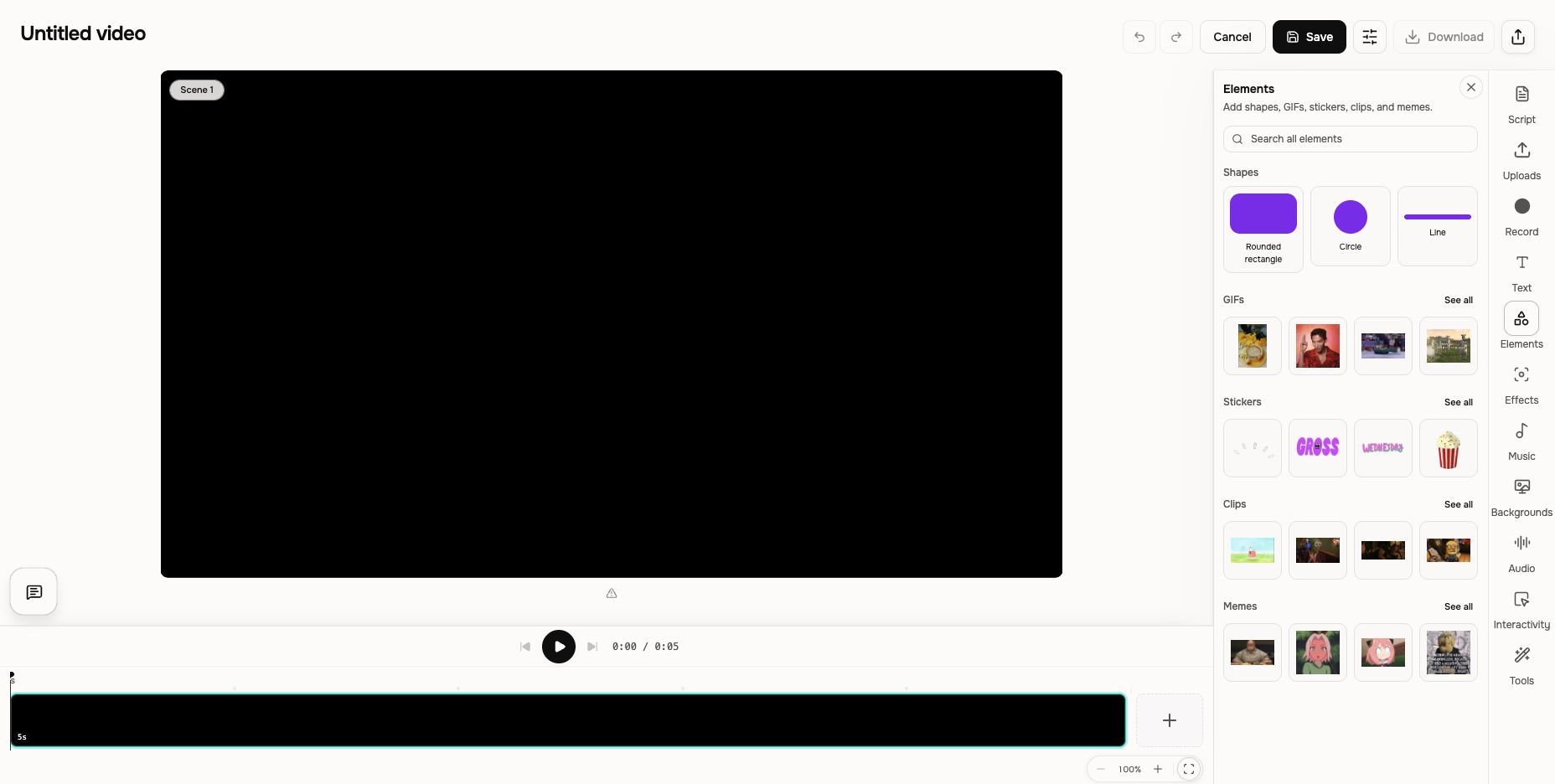 Elements panel with search, shapes, GIFs, stickers, clips, and memes