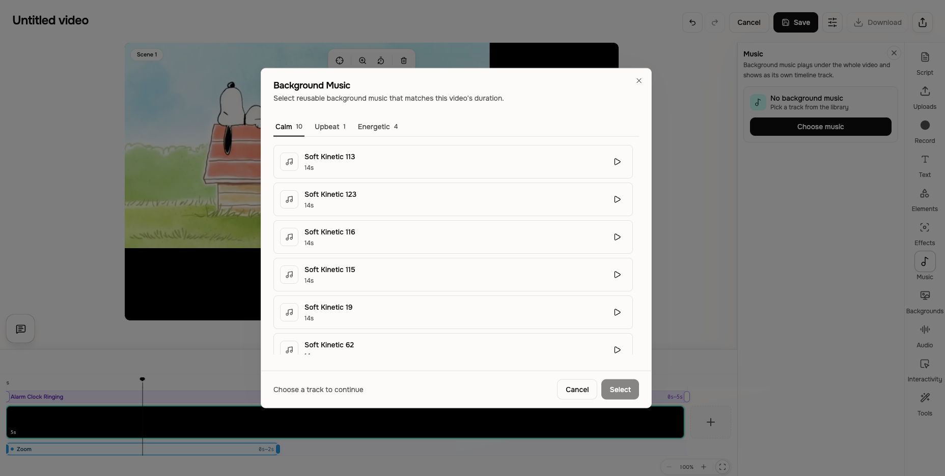 Background Music library with mood tabs, track previews, and Select button