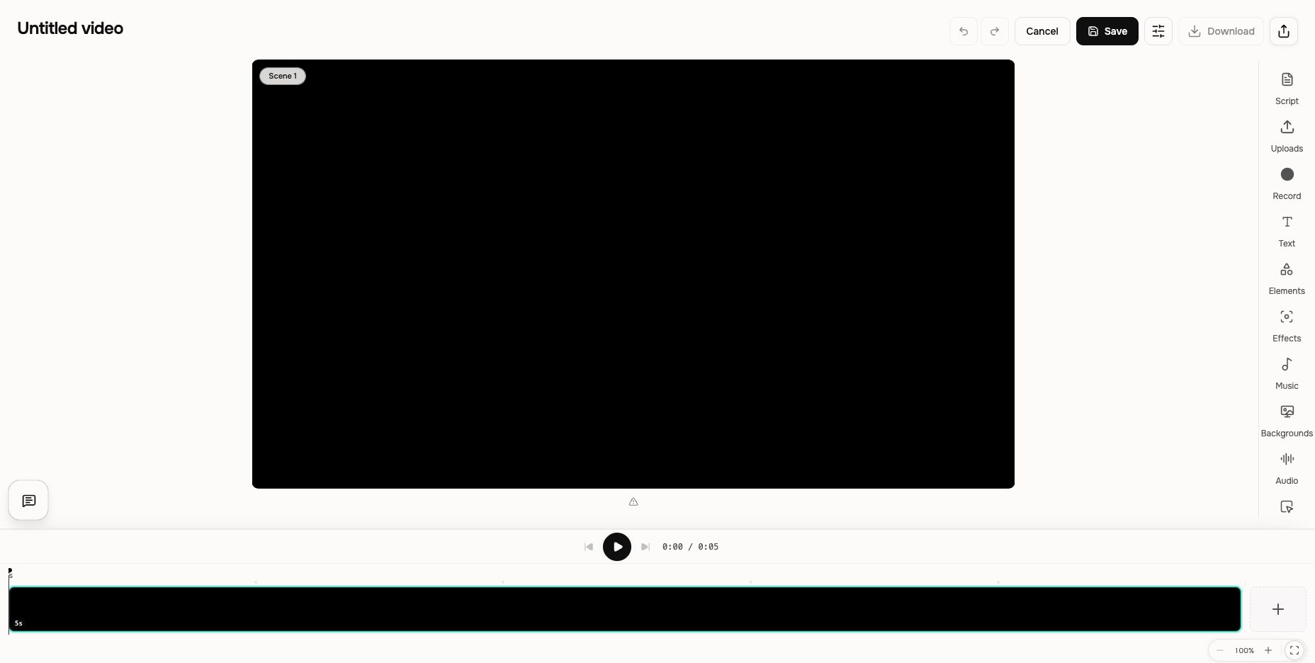 Blank ngram scene editor with the canvas, editing rail, timeline, Save, and Edit video controls