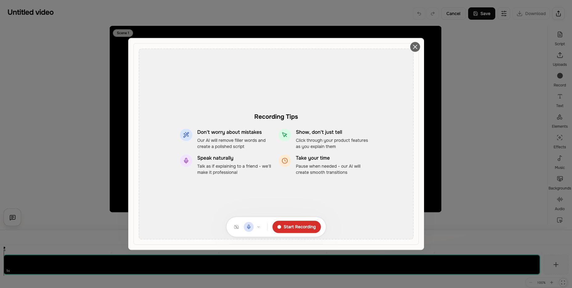 Screen Recorder dialog opened from the Record control in the ngram scene editor