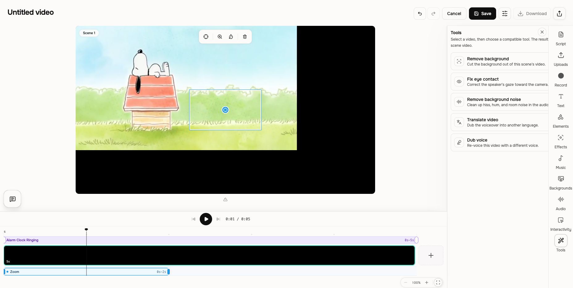 Tools panel showing focused AI video edits and unavailable-state help controls
