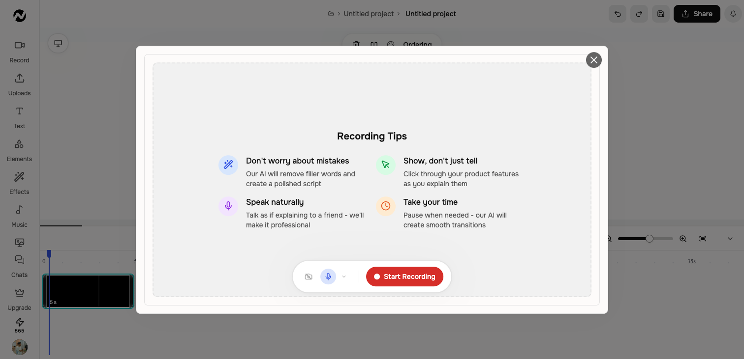 The Screen Recorder dialog with recording tips and Start Recording