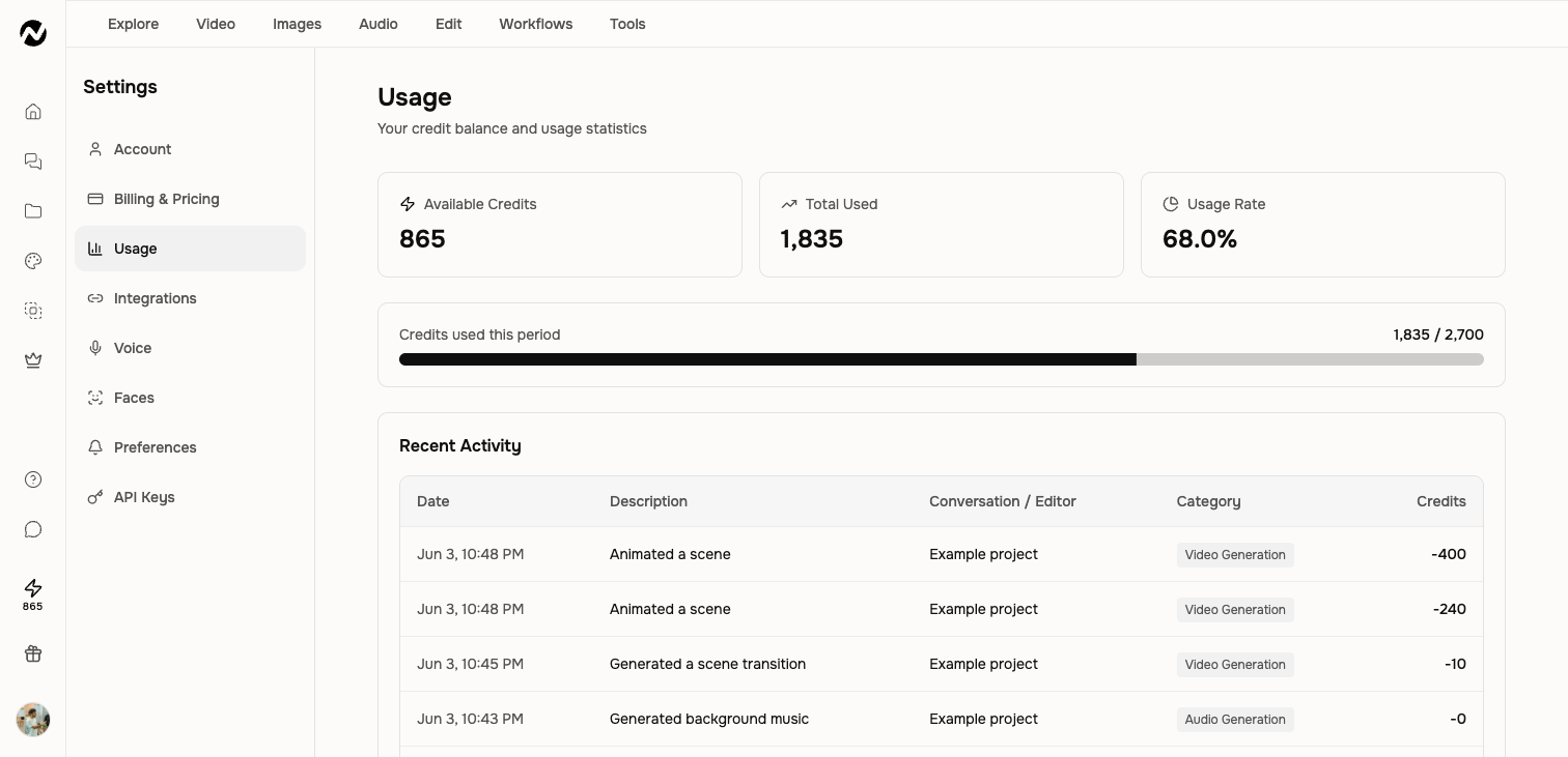 The Usage page with available credits, total used, activity descriptions, categories, and charges