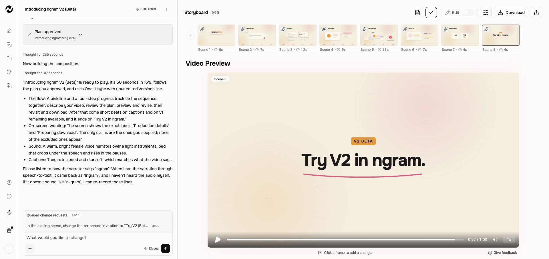 A real V2 revision queued beside the selected closing scene, ready to send in chat.