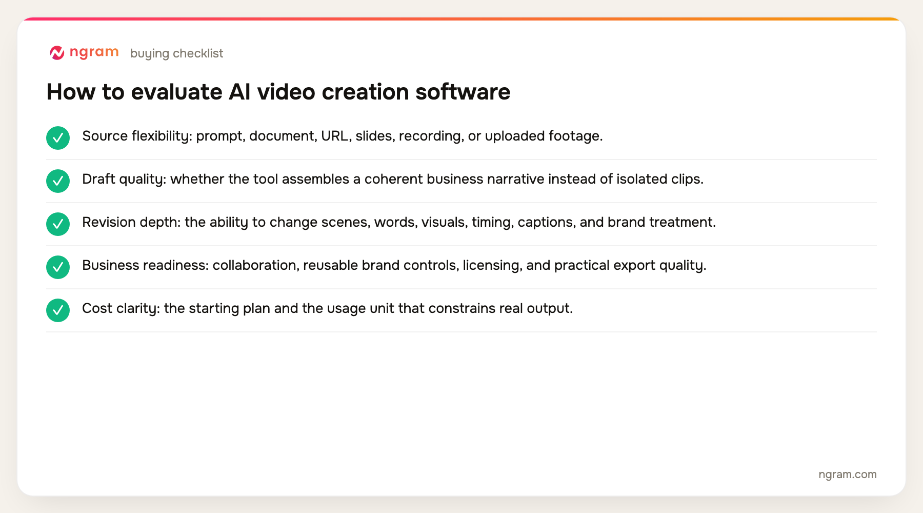 AI video creation software buying checklist with five evidence-based criteria