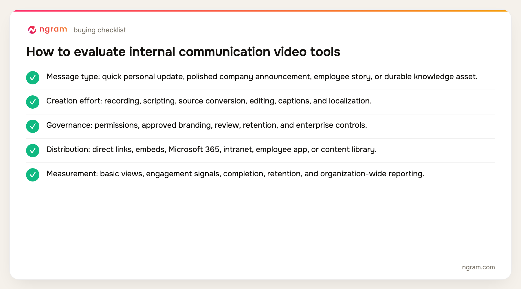 internal communication video tools buying checklist with five evidence-based criteria