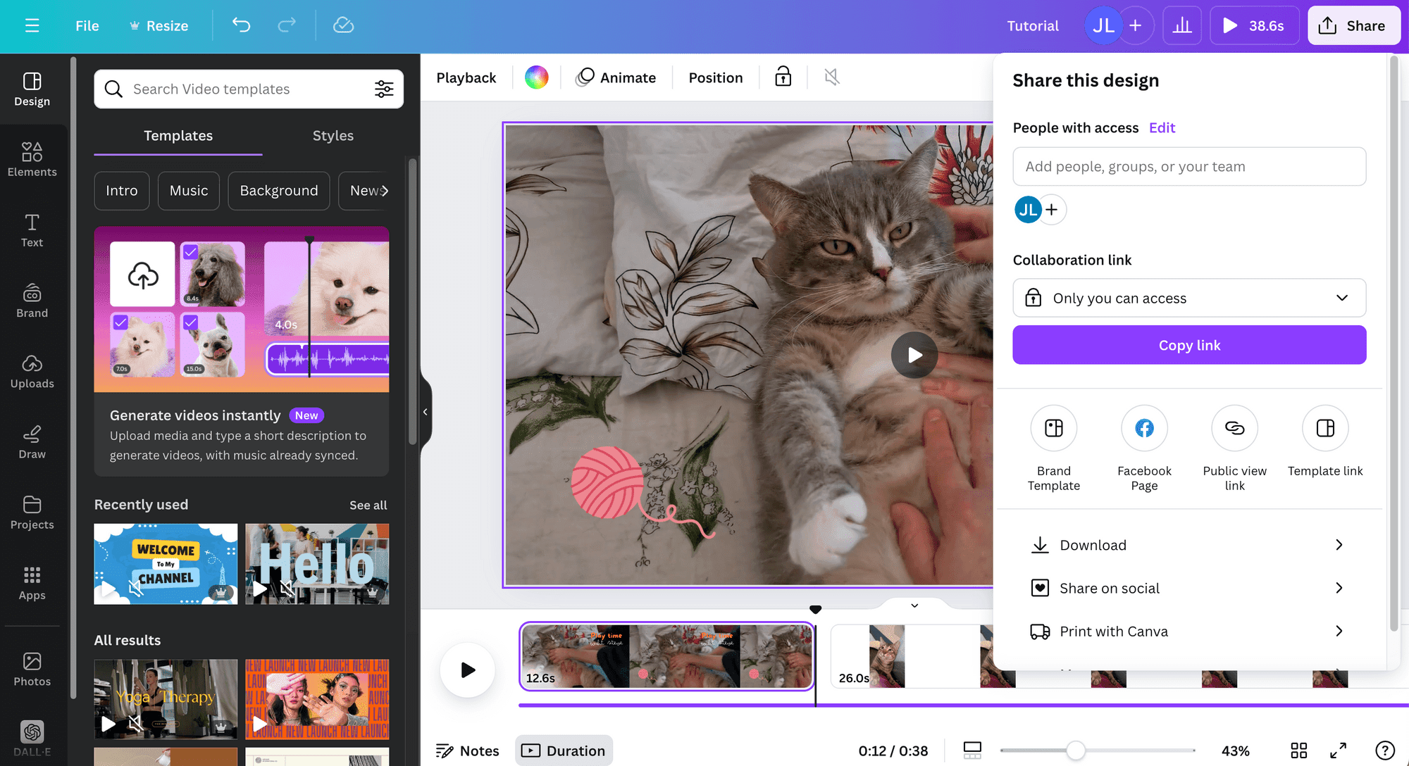Canva video editor with templates and timeline