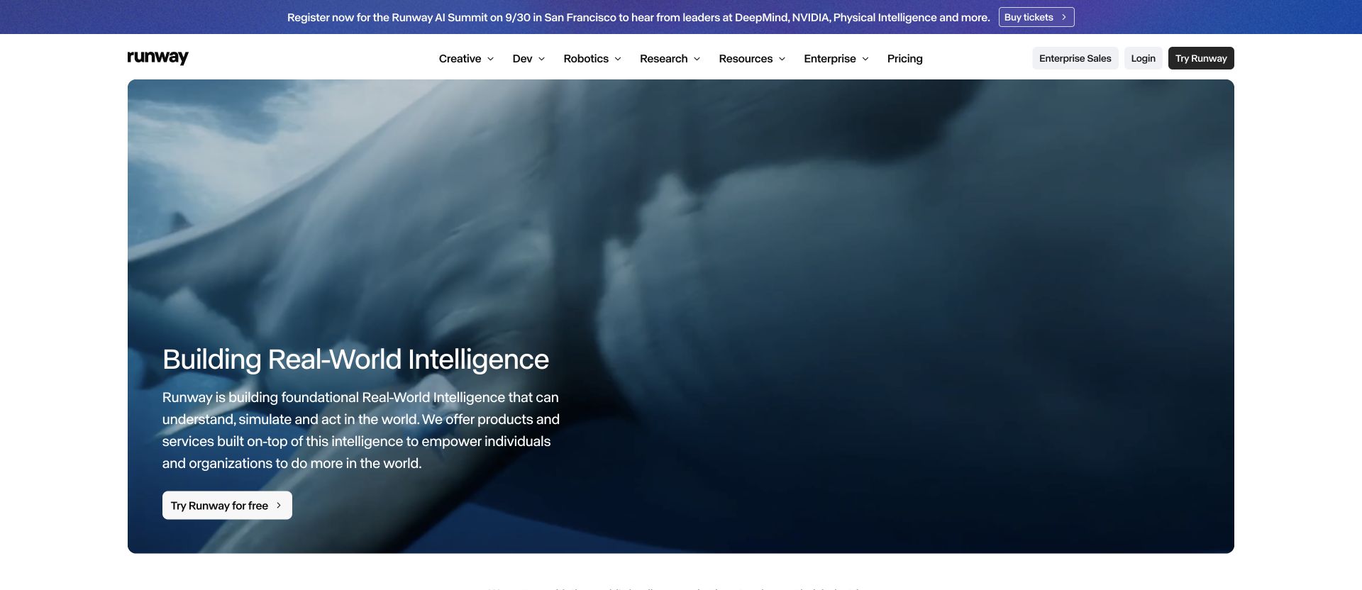 Runway AI research and creative platform landing page
