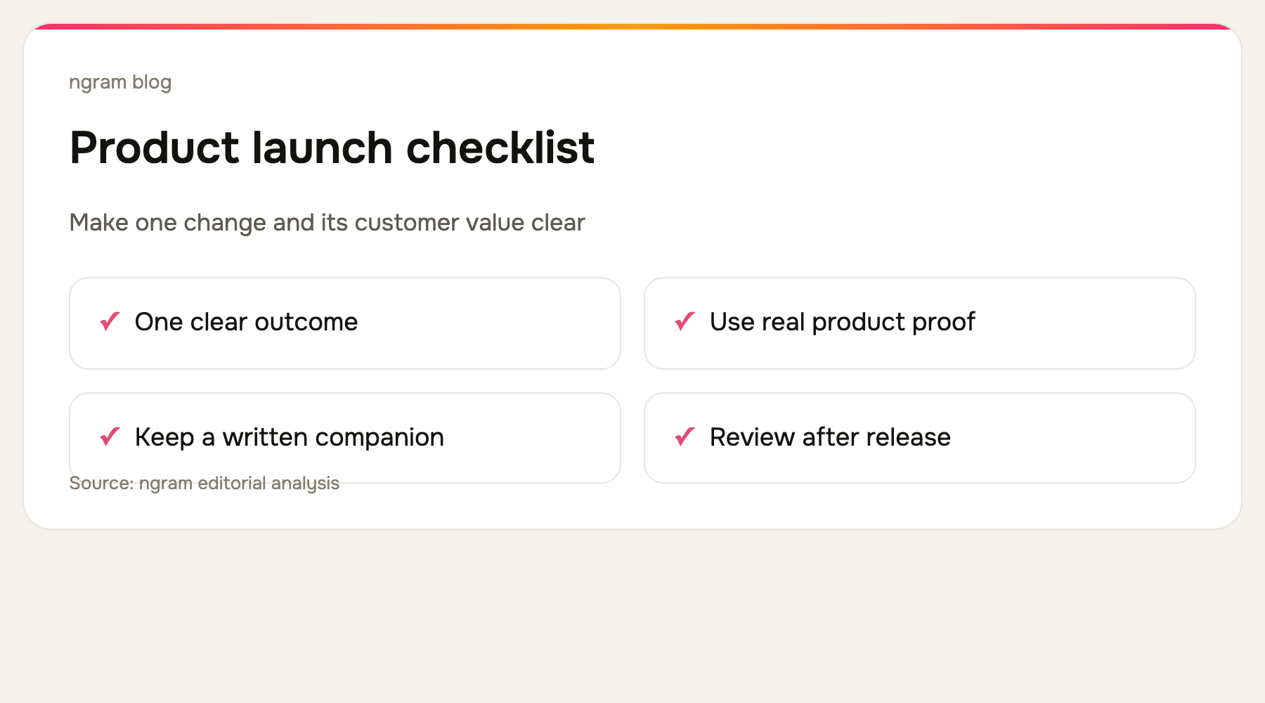 Product launch video checklist: customer problem, one change, real UI proof, release guide, clear next action, review owner