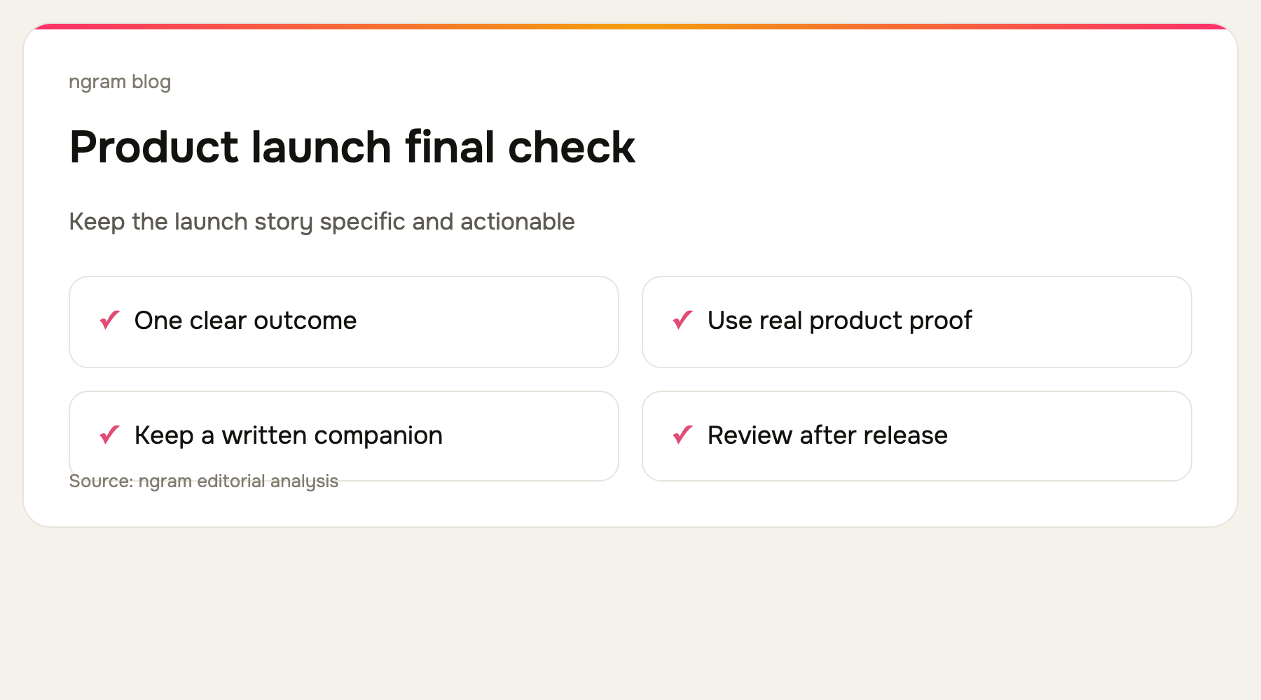 Product launch video checklist with clear customer problem, real product proof, supporting guide, and next action