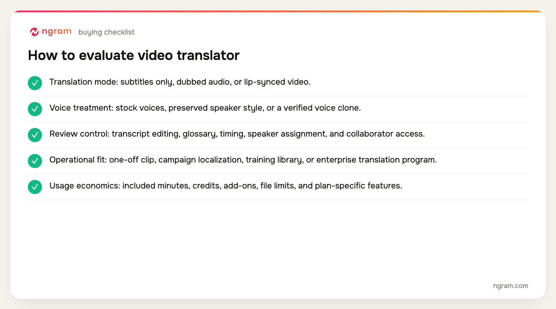 video translator buying checklist with five evidence-based criteria