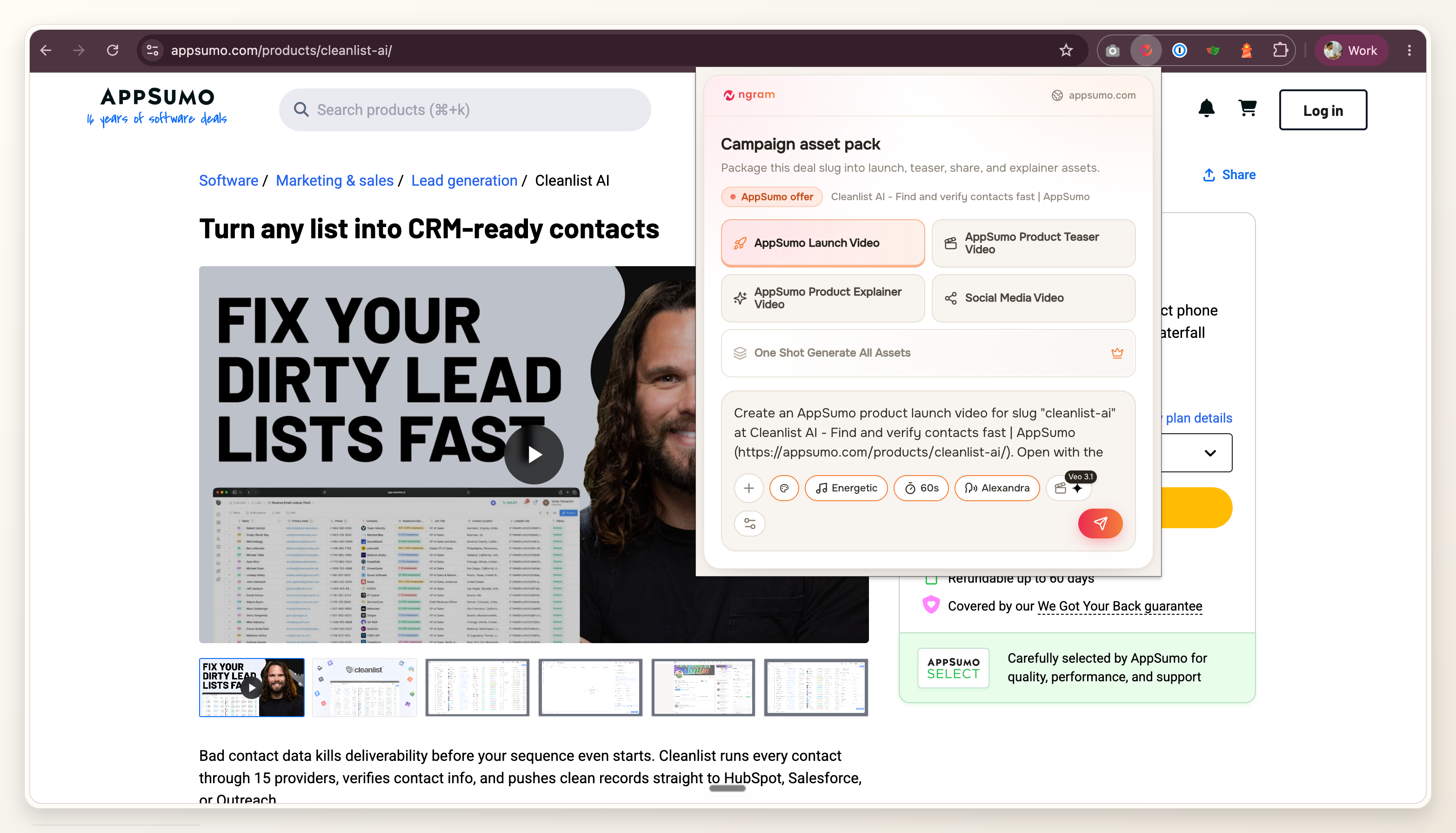 ngram Chrome extension on the AppSumo deal page with AppSumo launch video campaign mode selected.