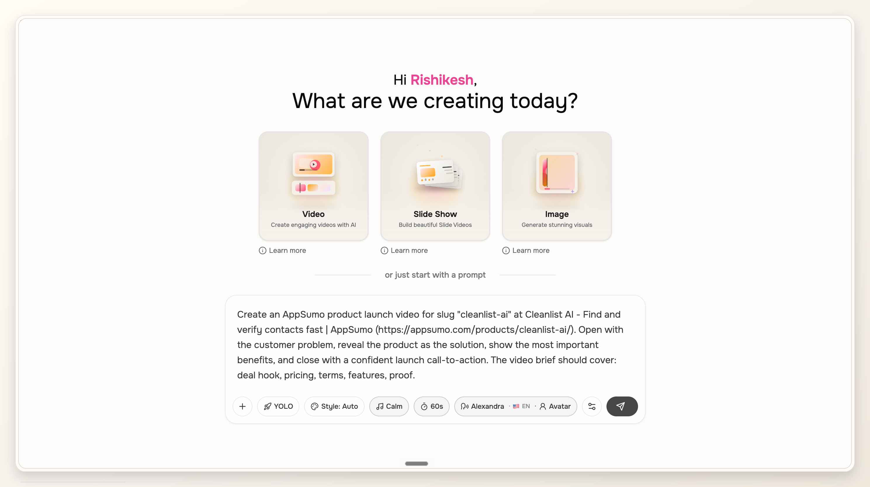 ngram editor handoff screen with an AppSumo launch video prompt generated from the deal page.
