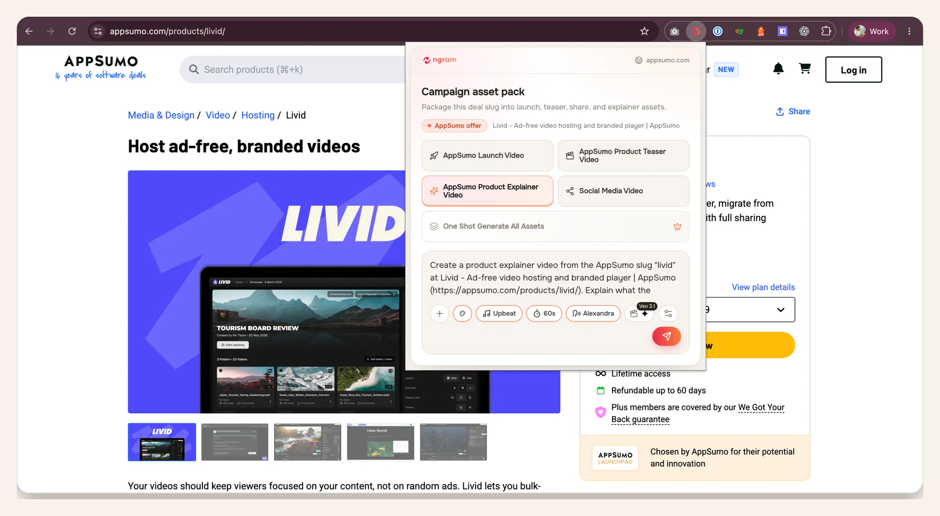AppSumo deal page with the ngram extension open, AppSumo Product Explainer Video selected, an offer-explainer prompt visible, and creation controls available.