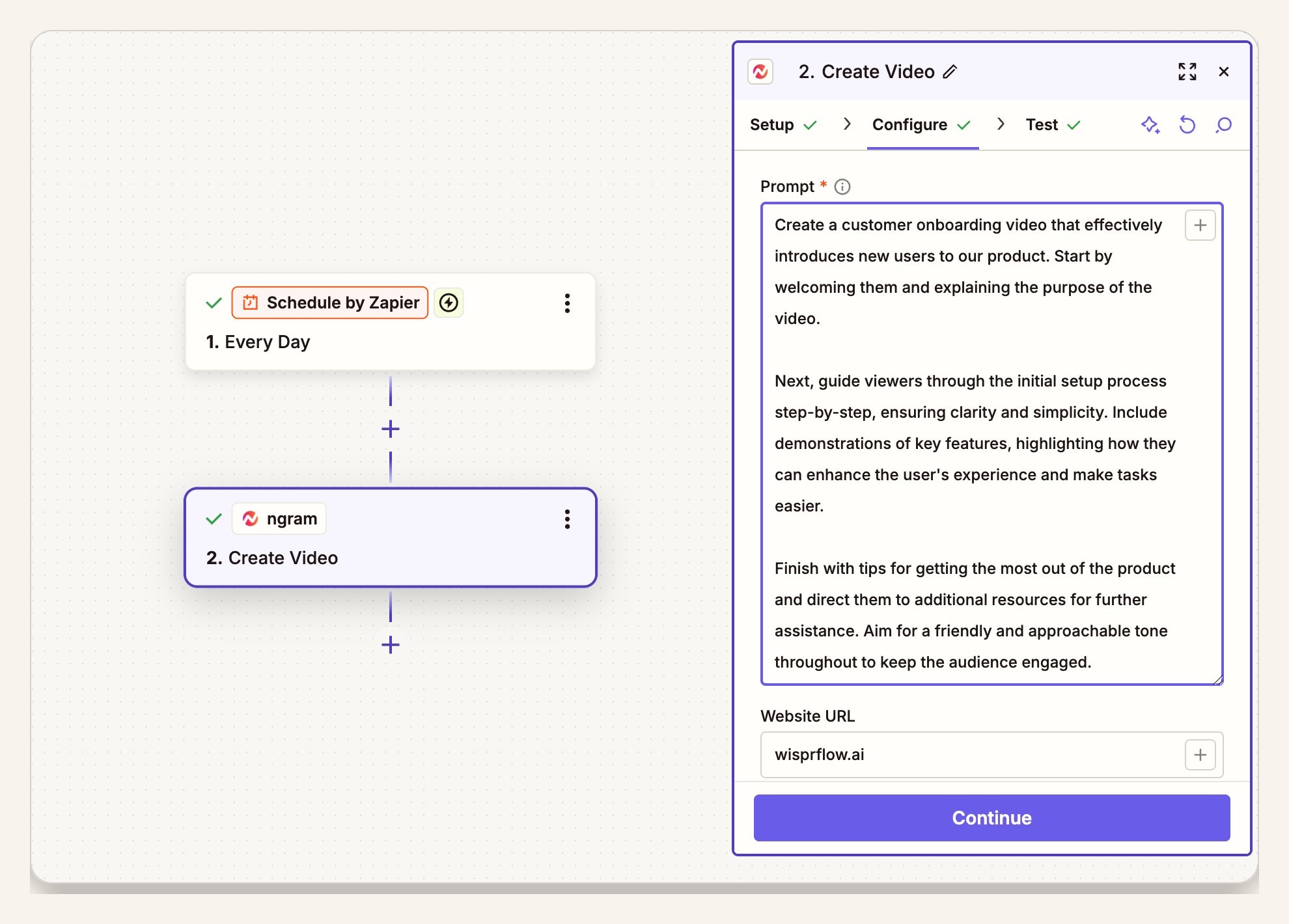 ngram customer onboarding video workflow fields prepared for Zapier.