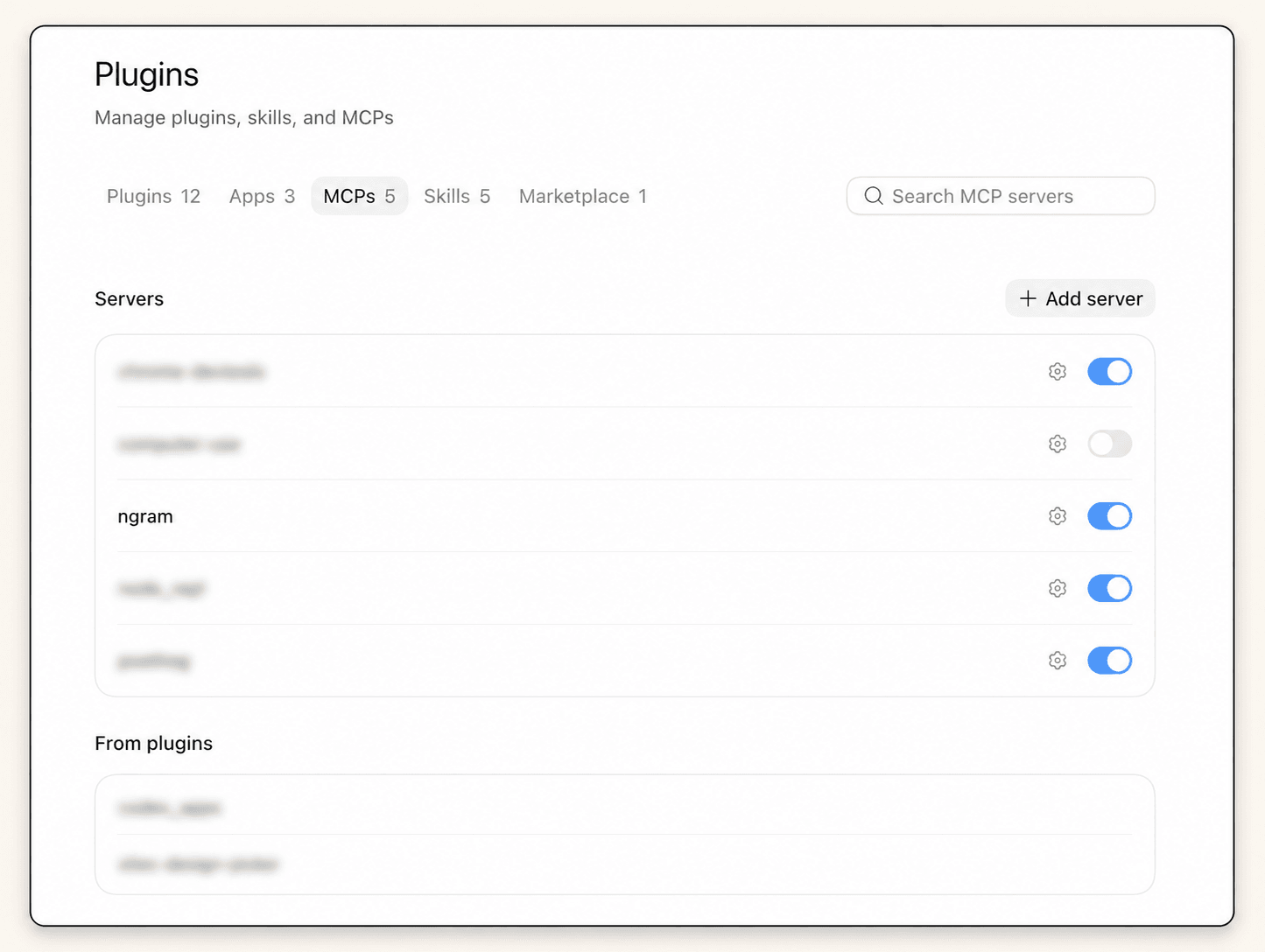 Codex MCP settings with the ngram server enabled and unrelated server names blurred.