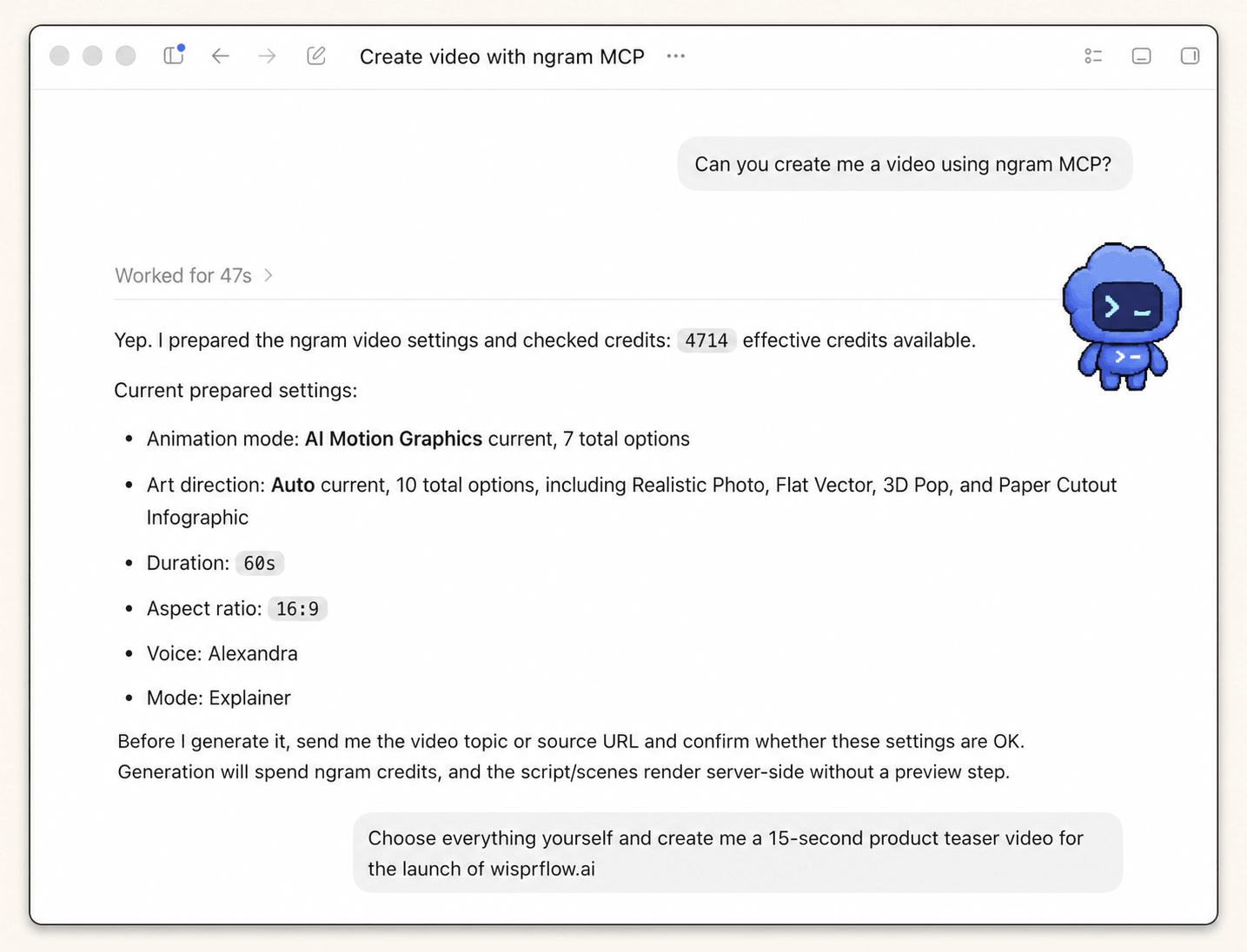 Codex preparing ngram video settings in an approved product-launch example reused as workflow proof.