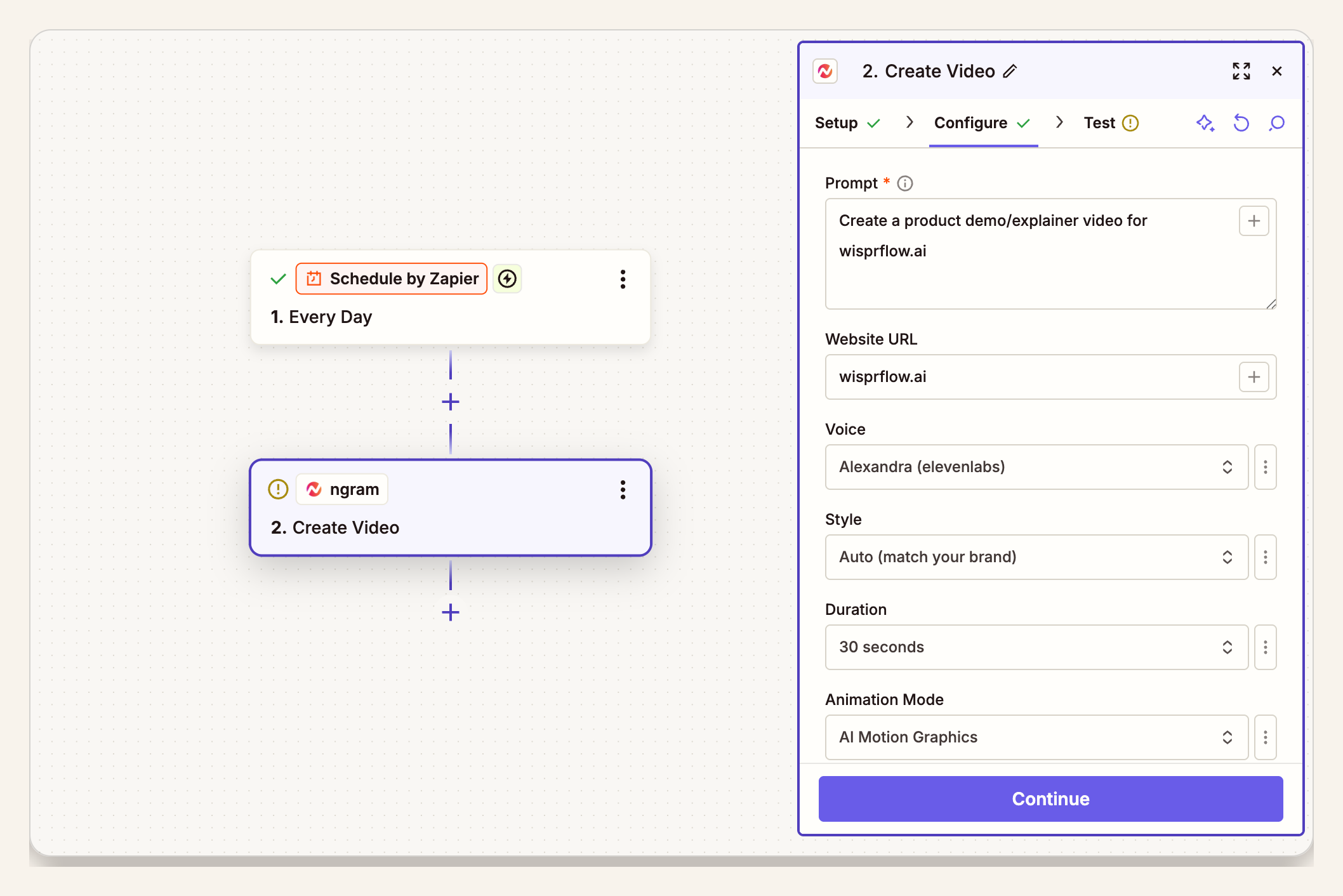 Zapier action fields mapped into a concise ngram product explainer video brief.