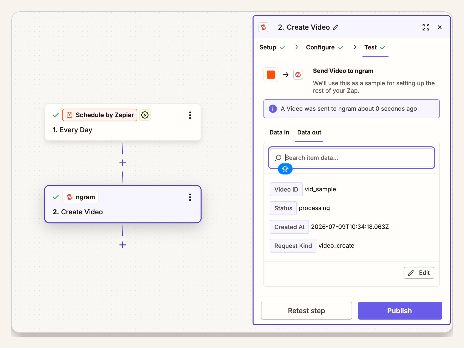 Zapier result tab showing the ngram video request status after a test run.