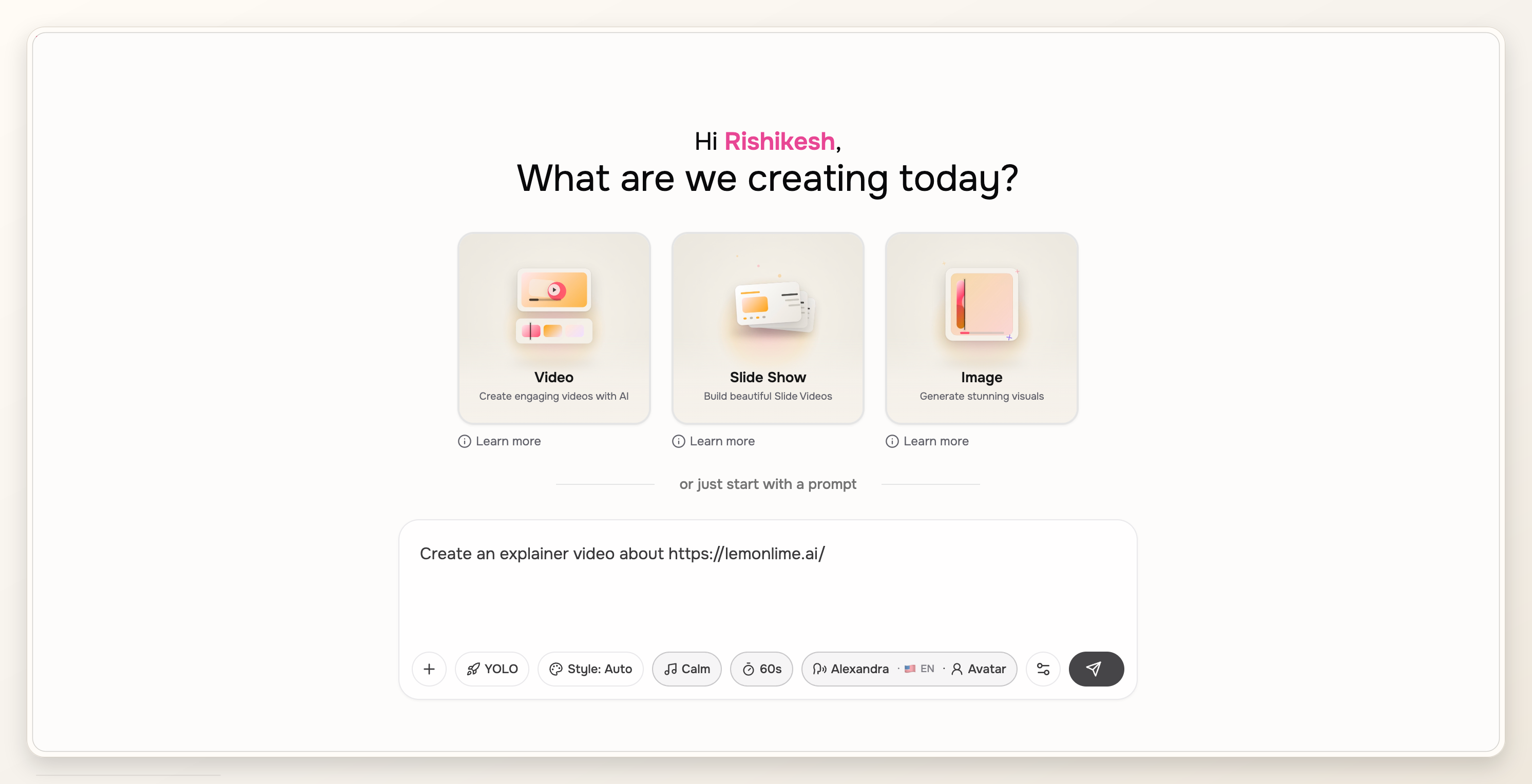 ngram editor handoff screen with a product explainer prompt generated from the landing page.