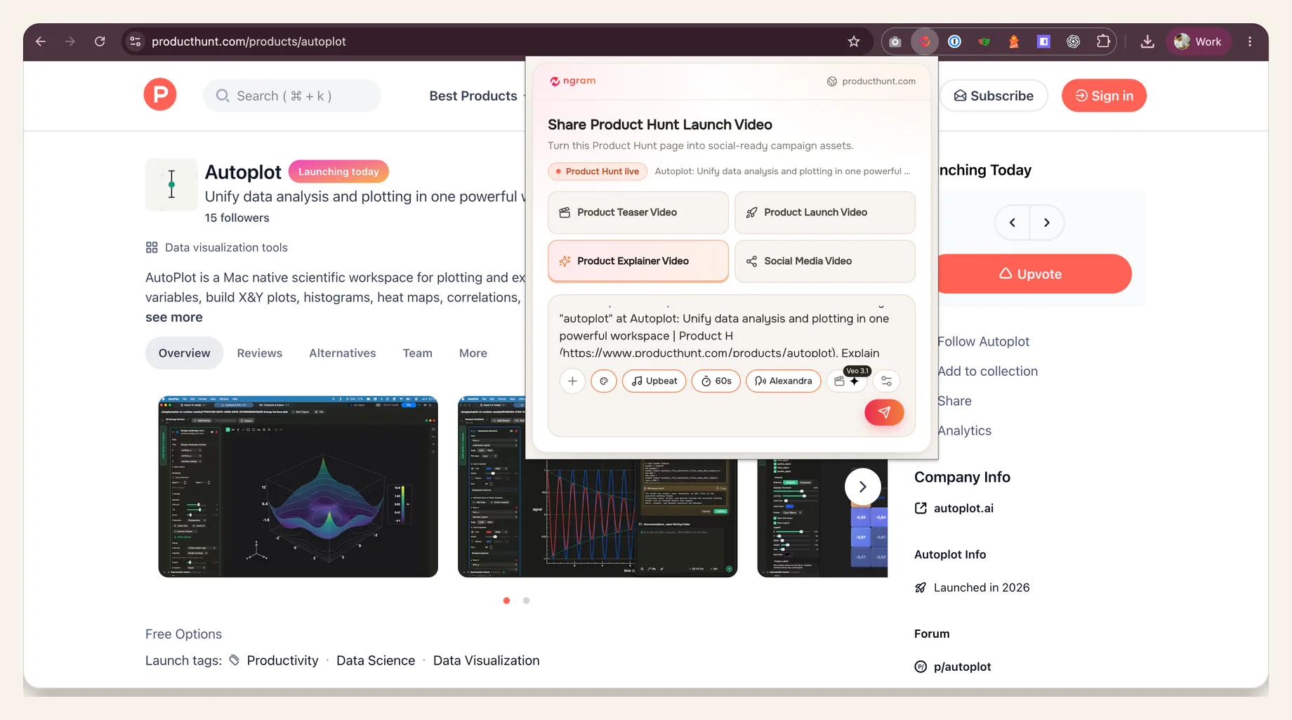 Product Hunt page with the ngram extension open, Product Explainer Video selected, an editable walkthrough brief visible, and creation controls available.