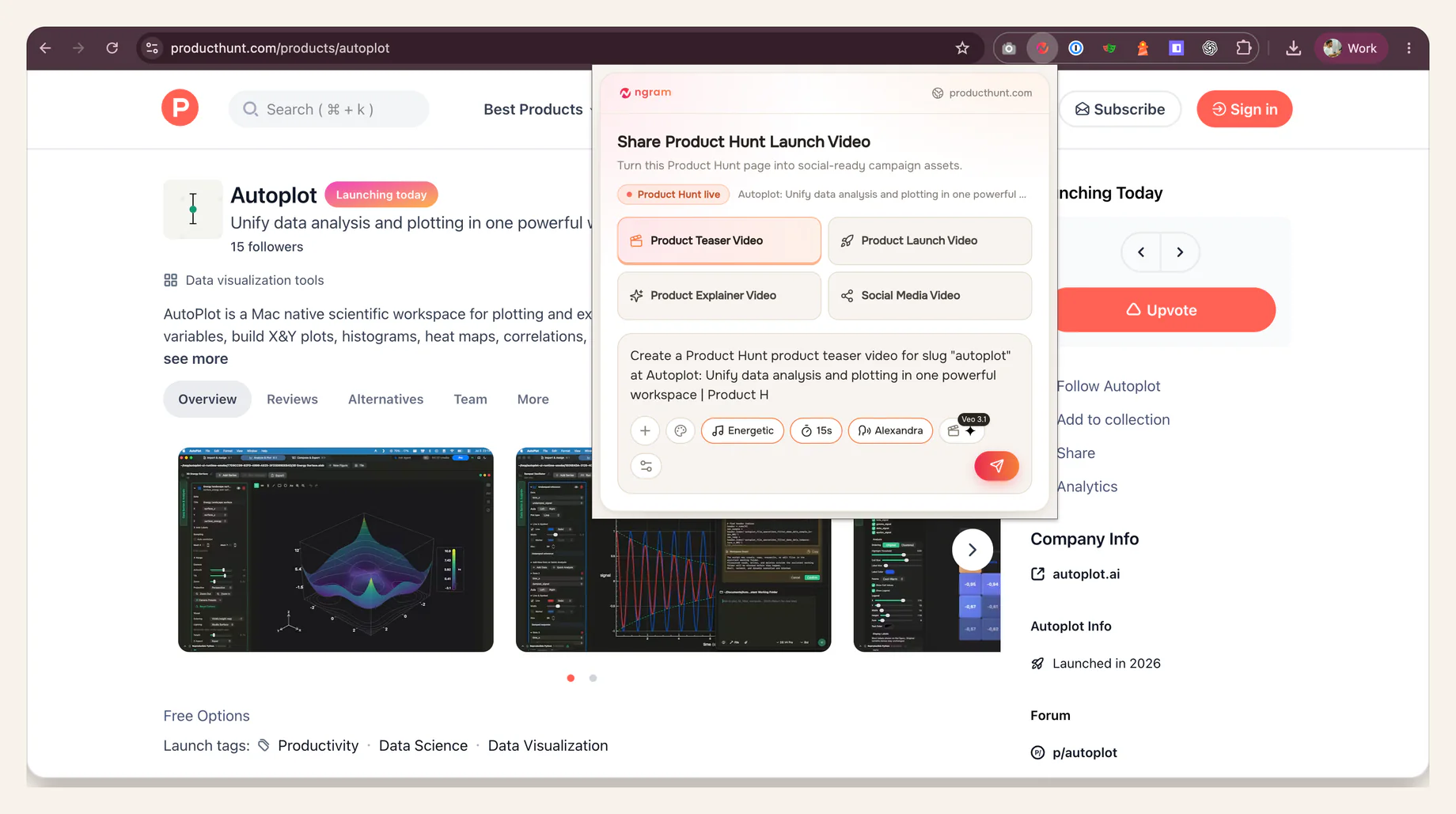 Product Hunt page with the ngram extension open, Product Teaser Video selected, an editable teaser prompt visible, and style, duration, and voice controls available.