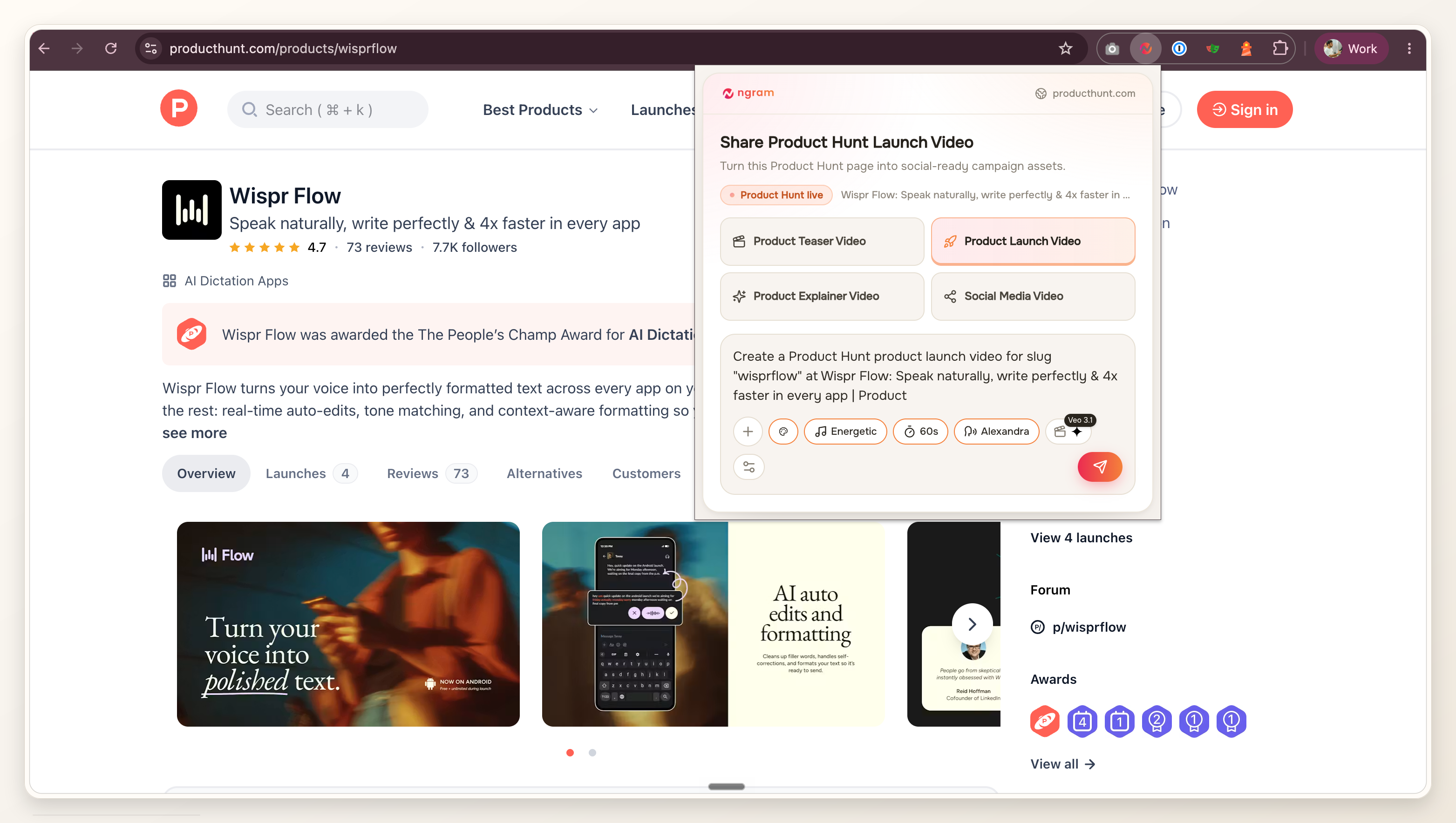 ngram Chrome extension opened on the Product Hunt page with Product Hunt launch video campaign mode selected.