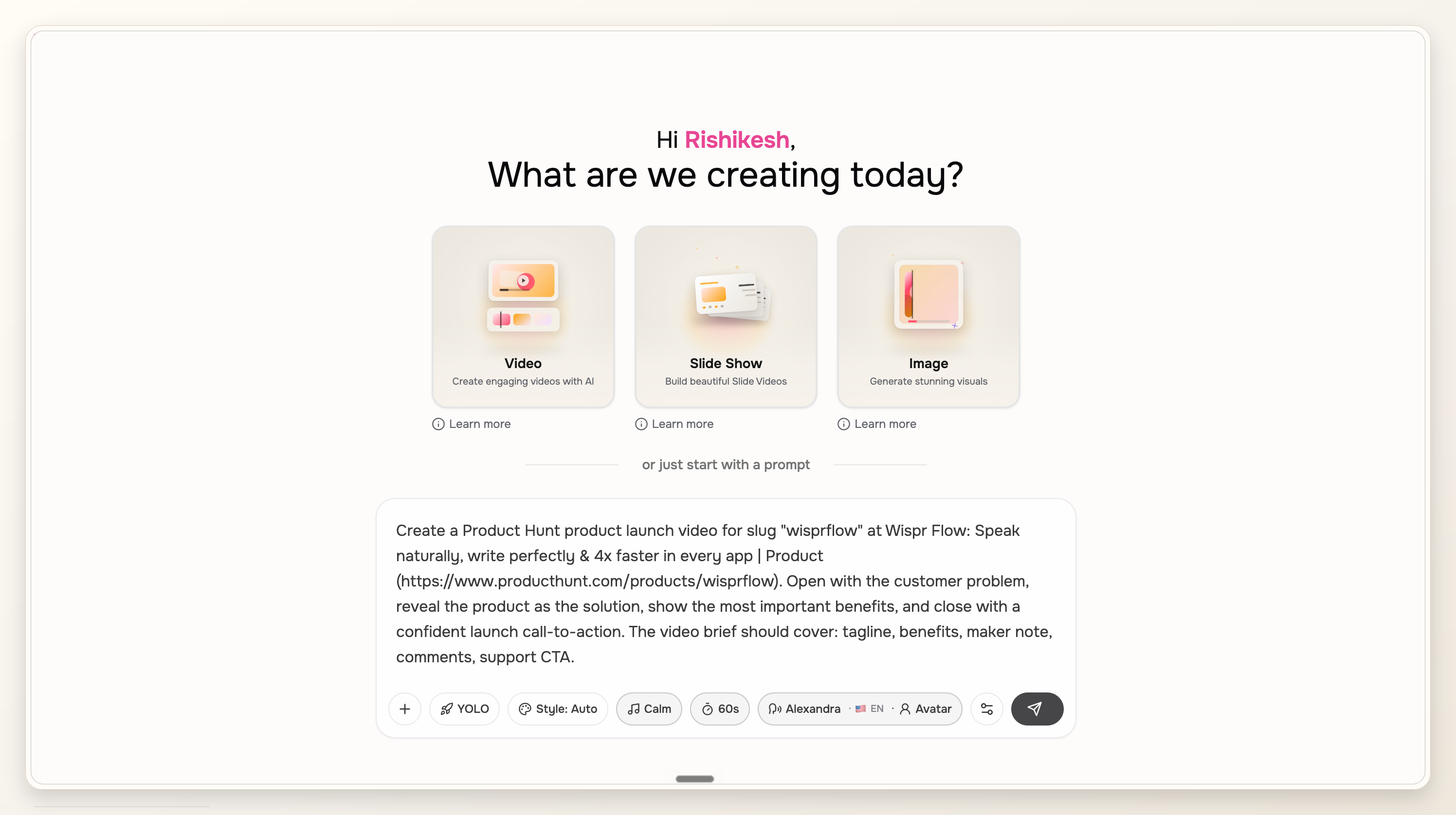 ngram editor handoff screen with the Product Hunt launch video prompt ready to generate.