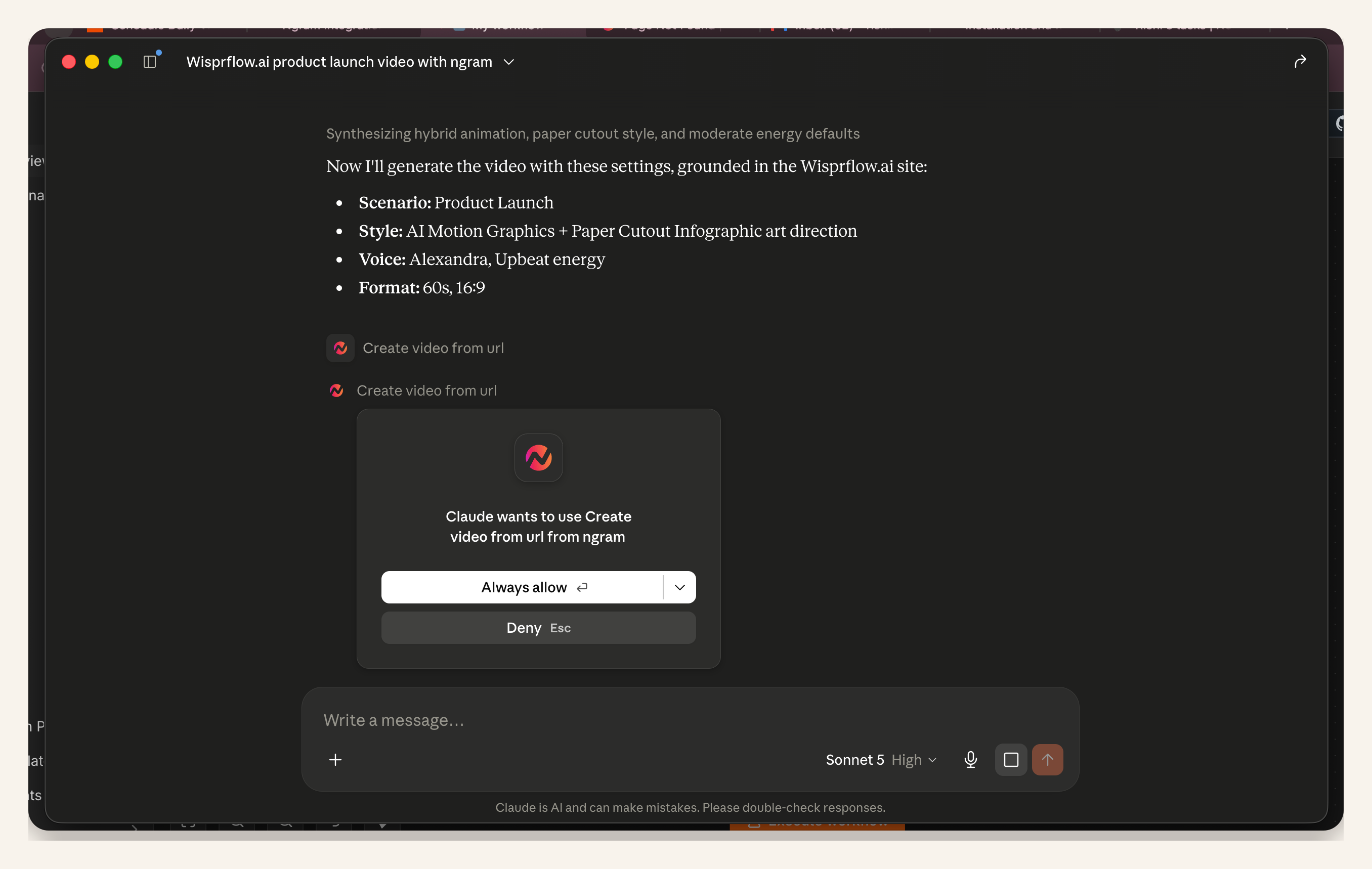 Claude preparing a product launch video request and asking permission to use ngram Create Video from URL.