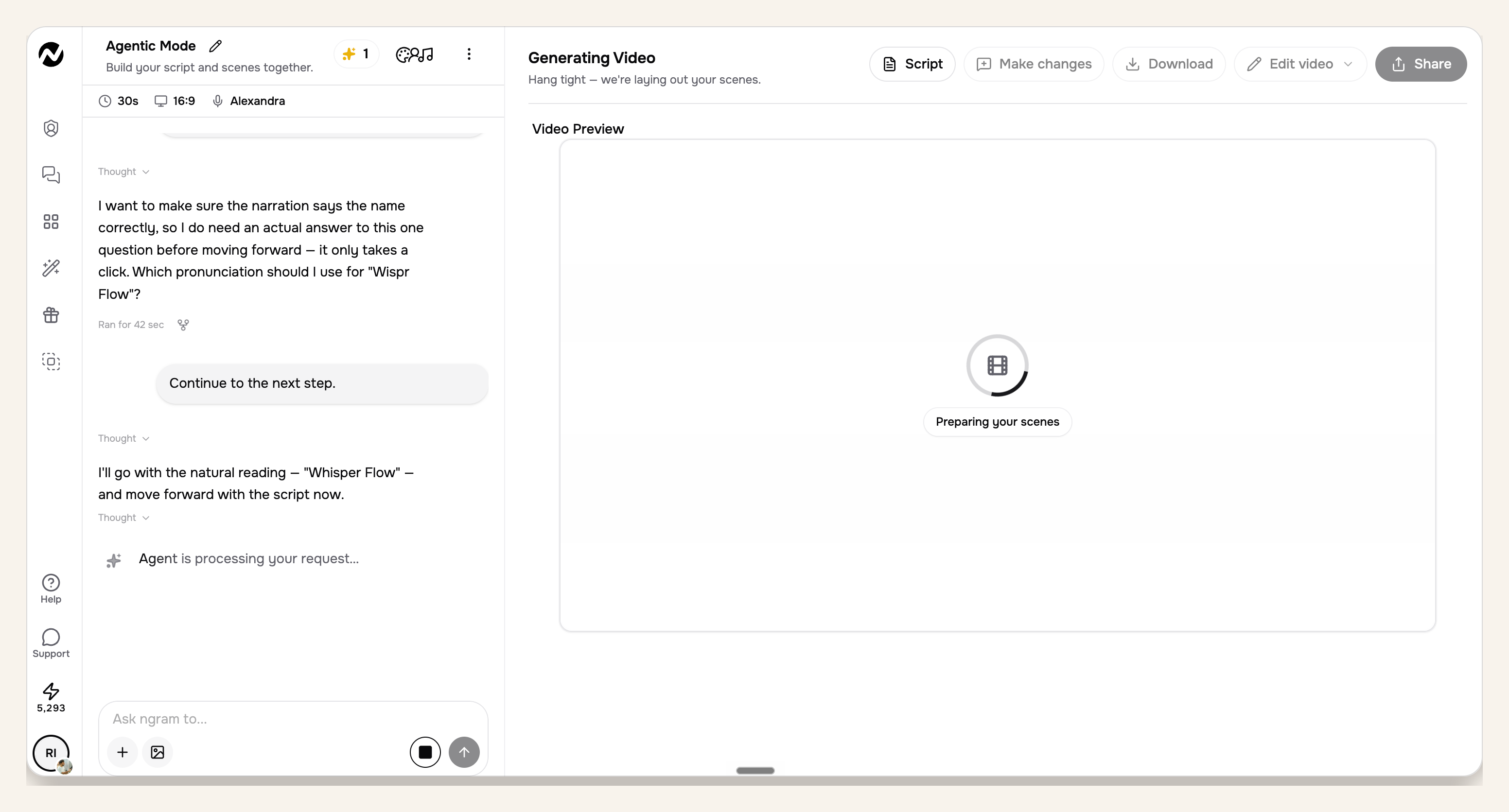 ngram app progress screen showing the same product launch video preparing scenes while rendering continues.