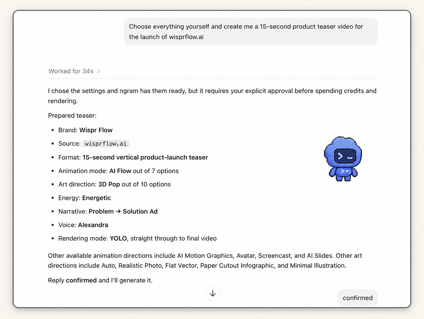 Codex showing the prepared ngram video brief and asking for approval before rendering.