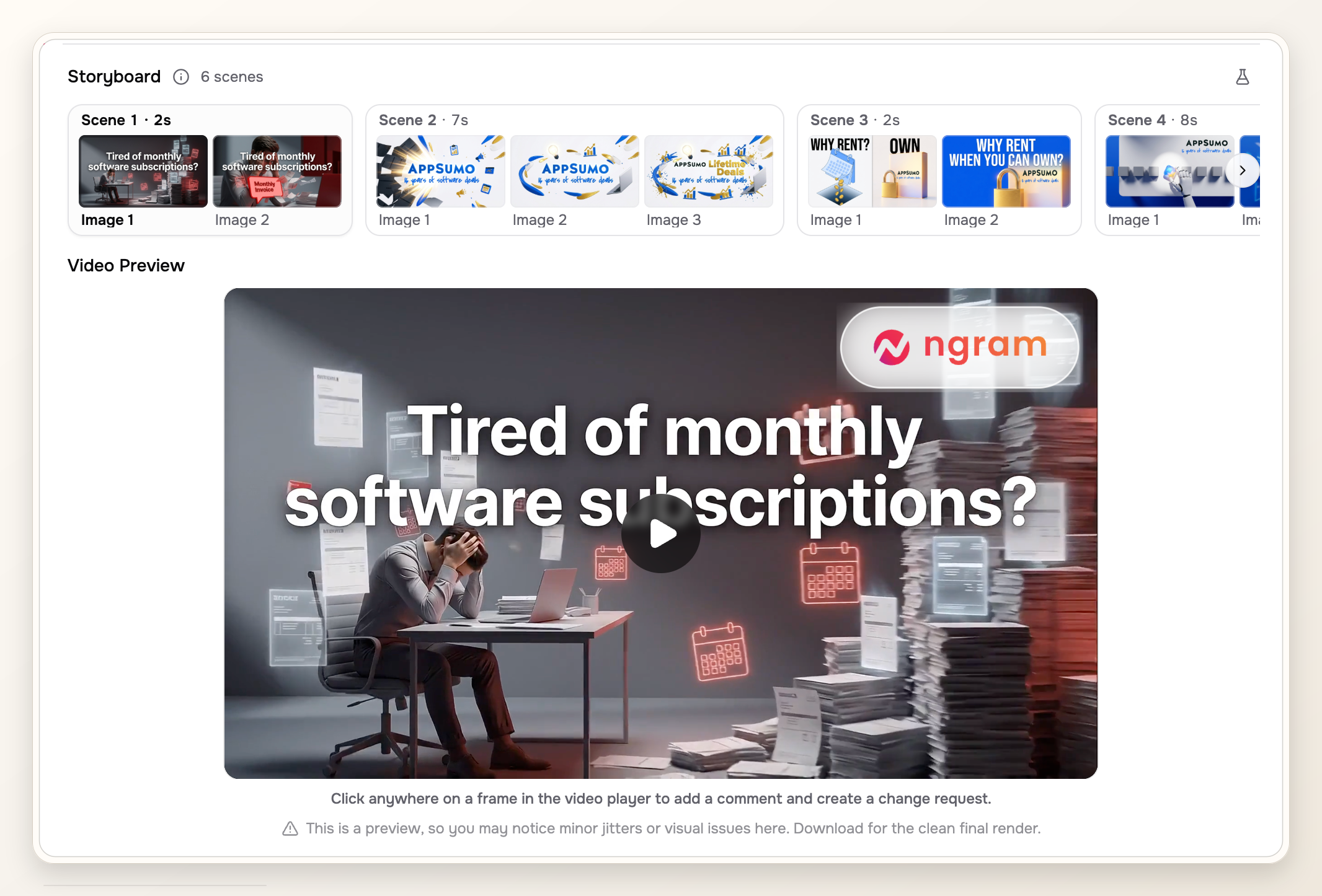 ngram video preview showing the rendered product-page video output and storyboard scenes.