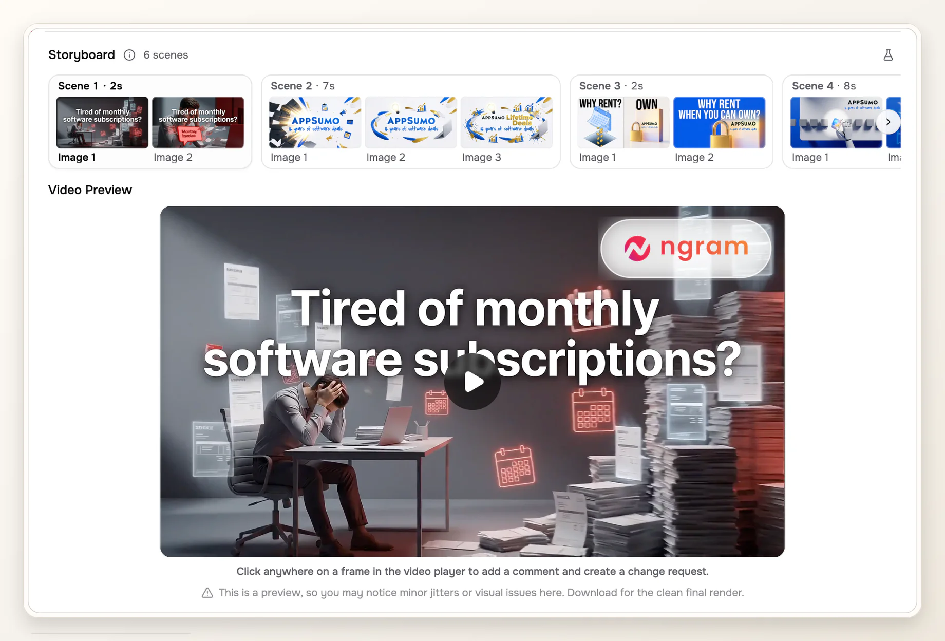 ngram storyboard and video preview used to review completed scenes, offer statements, and visual accuracy before approving an AppSumo explainer video.