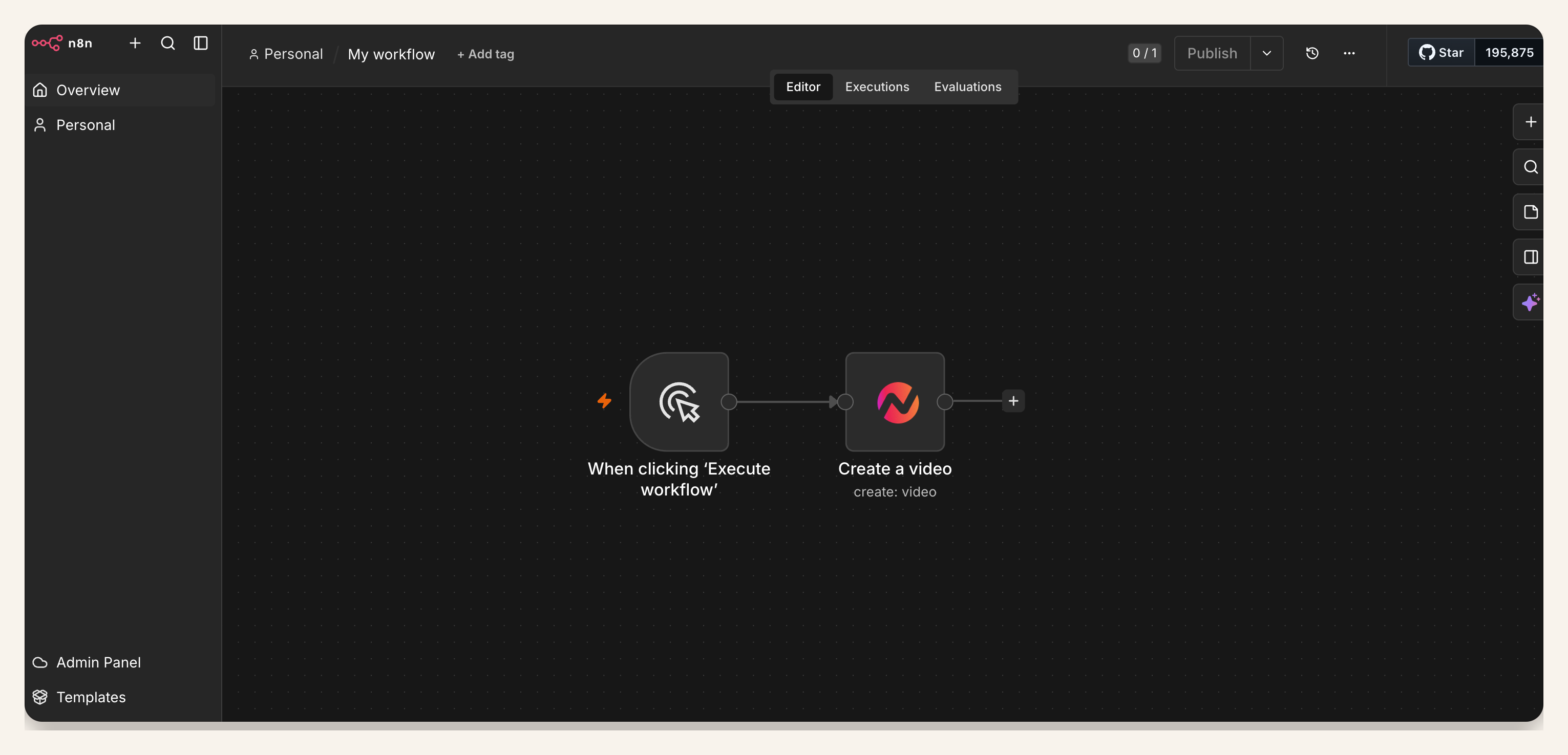 Self-hosted n8n workflow canvas with a trigger connected to the ngram Create Video node for a product launch video.
