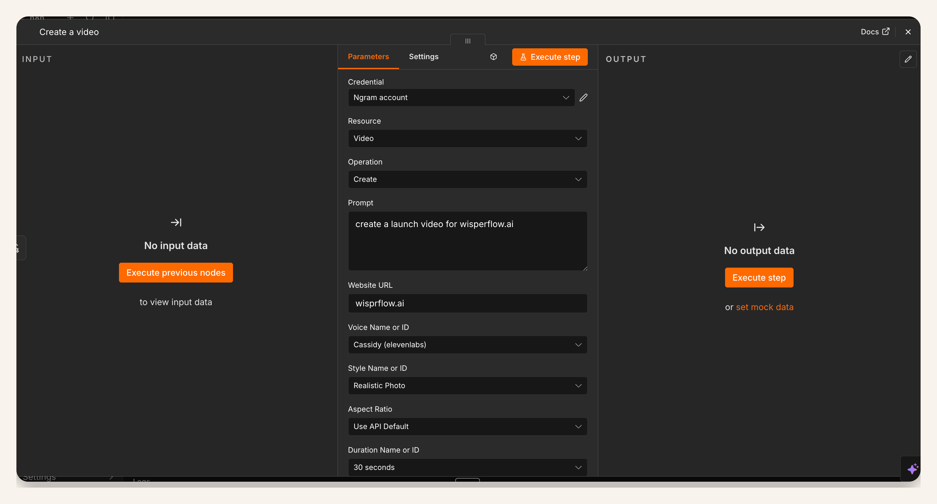n8n Create Video node configured with prompt, website URL, voice, style, aspect ratio, and duration for a product launch video workflow.