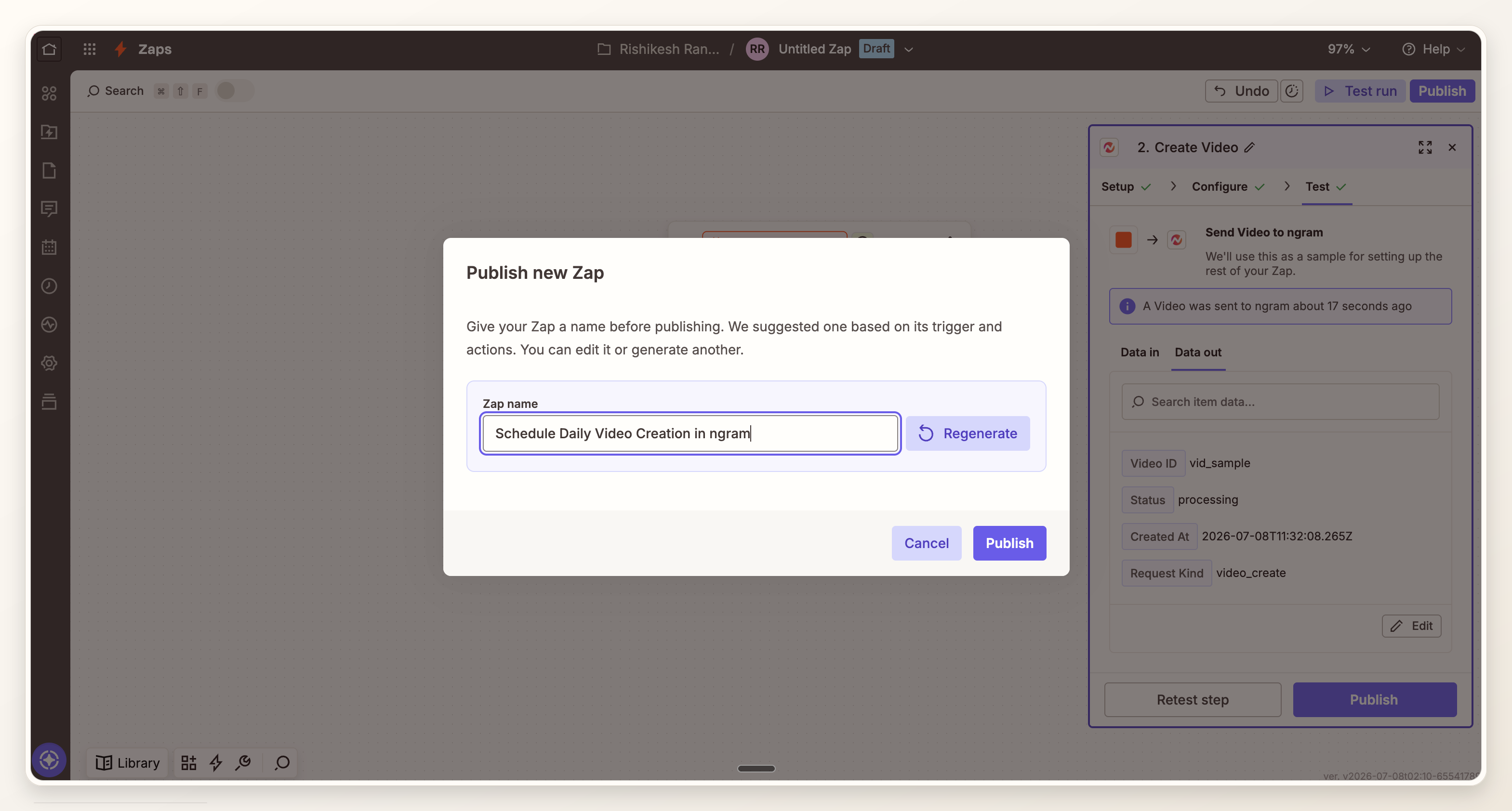 Zapier publish modal for sending the configured product launch video workflow live.