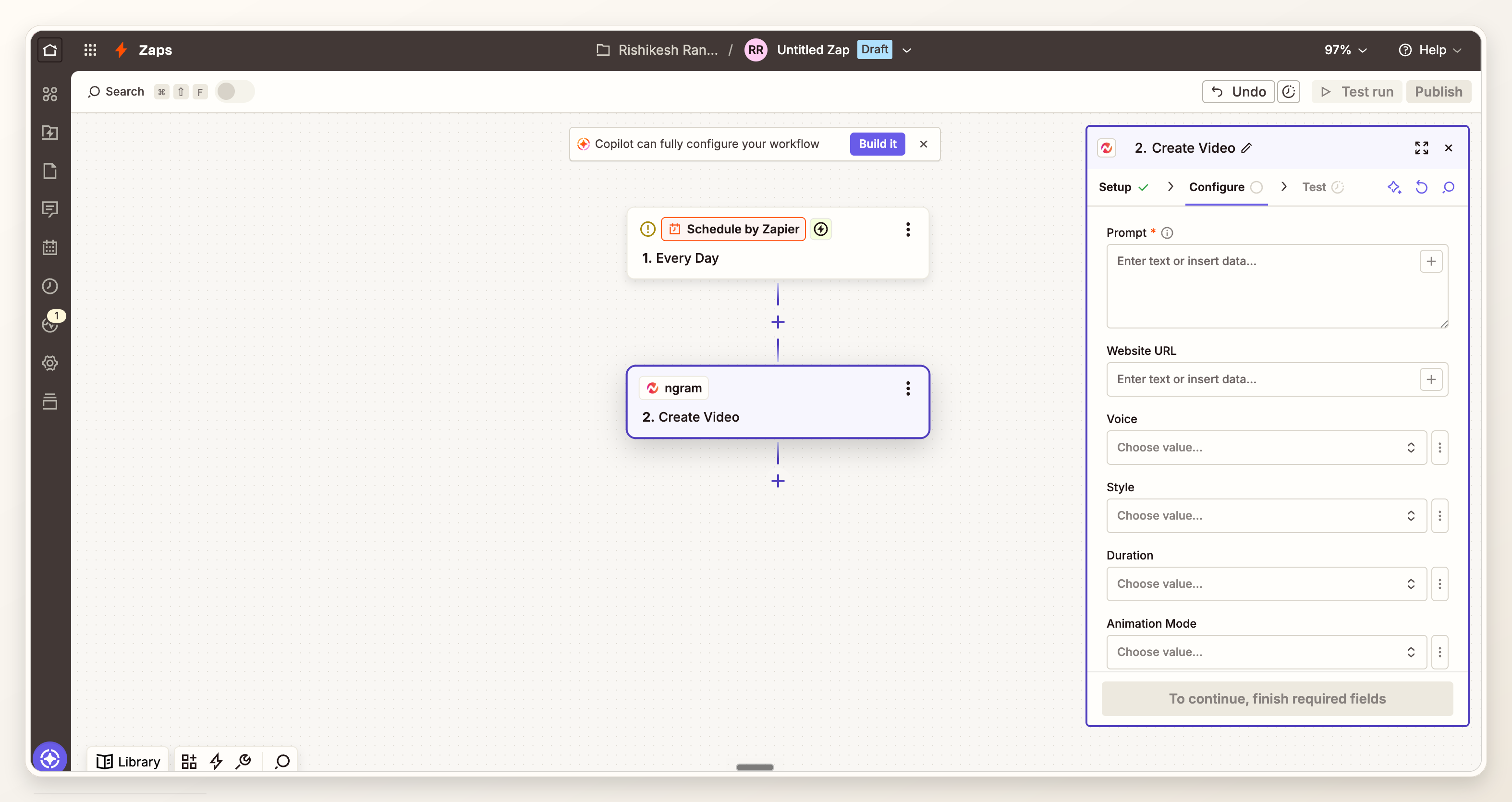 Zapier workflow builder showing the schedule trigger and ngram Create Video action setup.