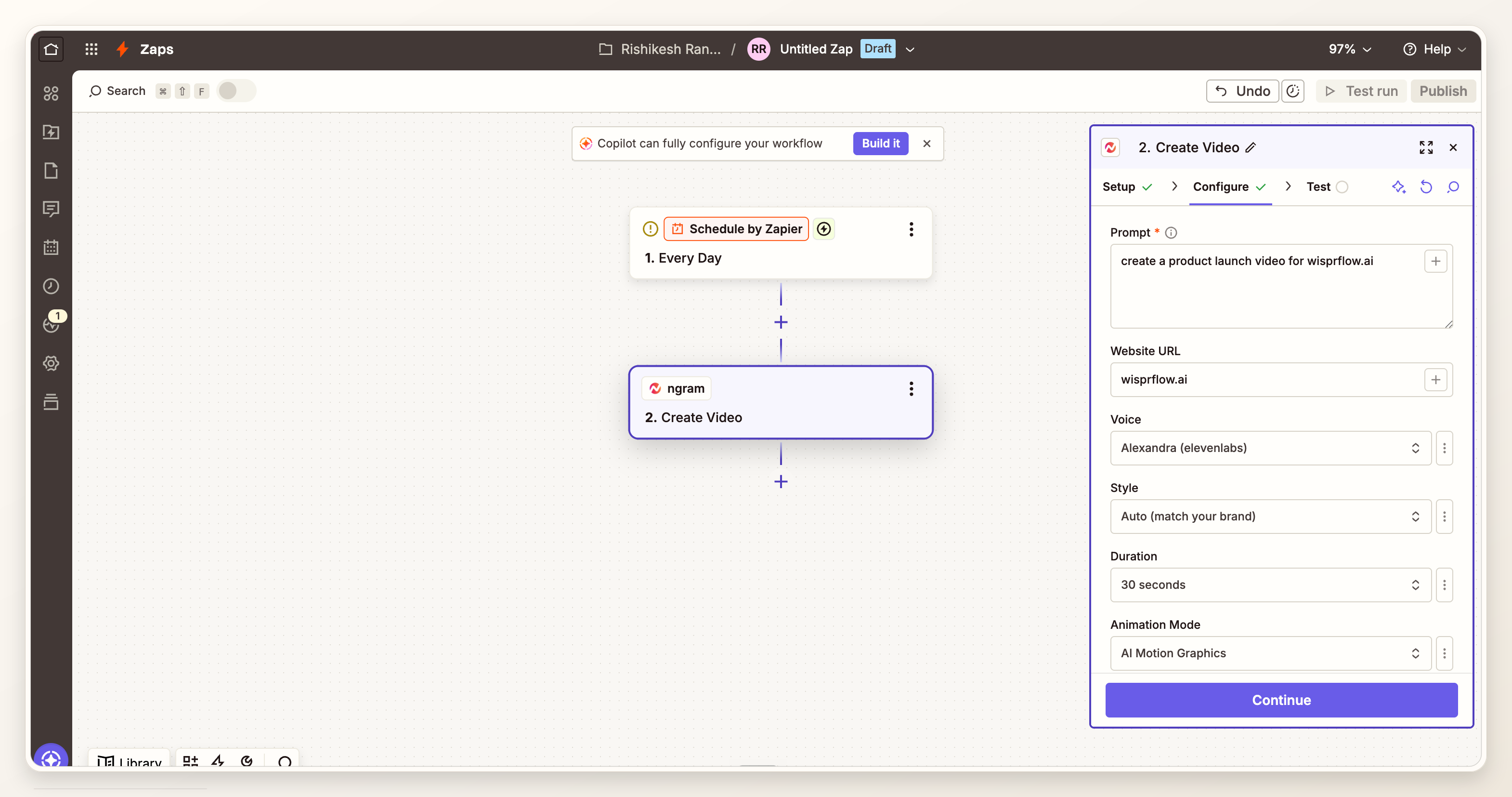 Zapier ngram Create Video action with mapped prompt, website URL, voice, style, duration, and animation fields.