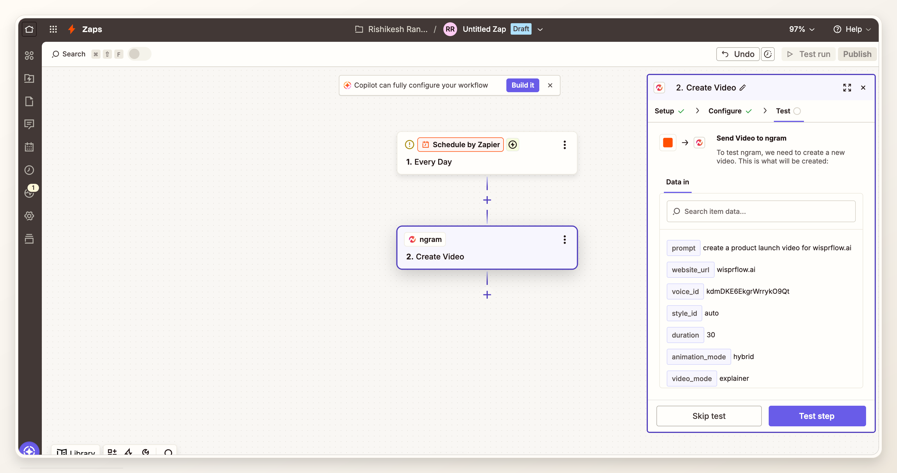Zapier test result screen showing ngram Create Video data and processing status after a test run.