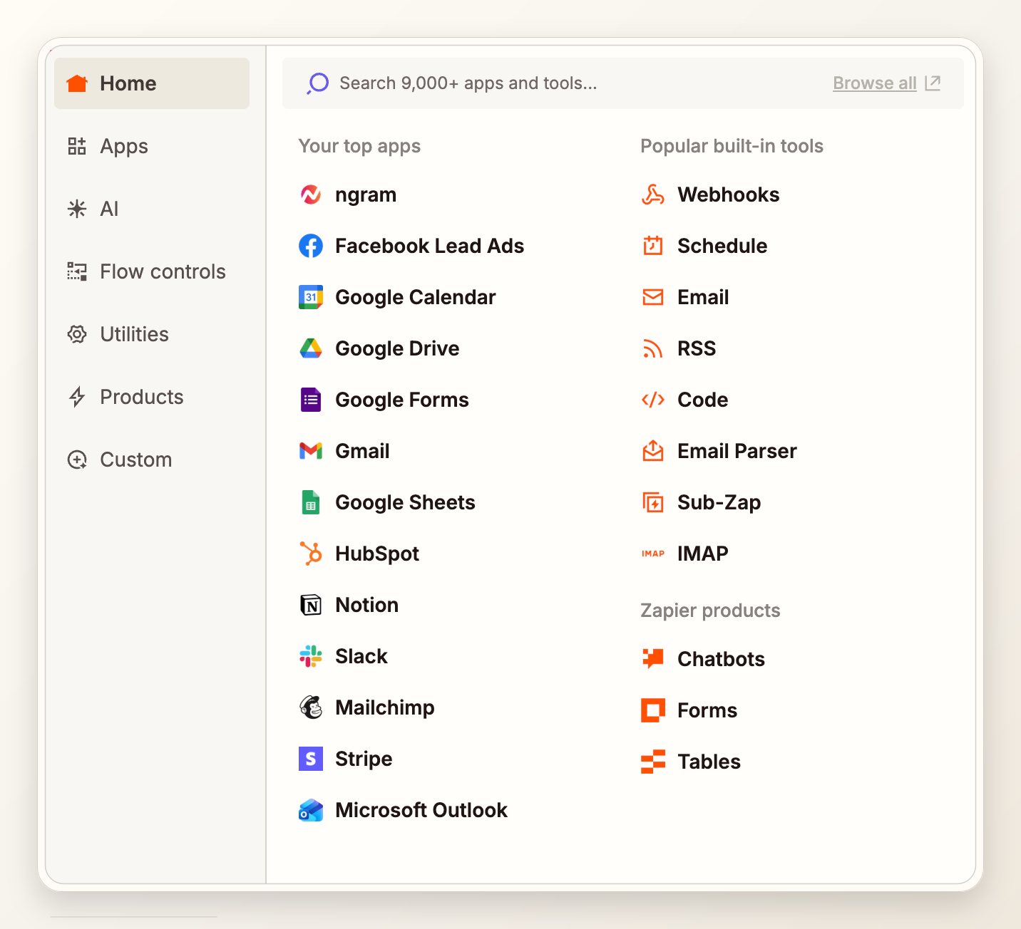 Zapier app browser used to choose the next destination app after the ngram video action.