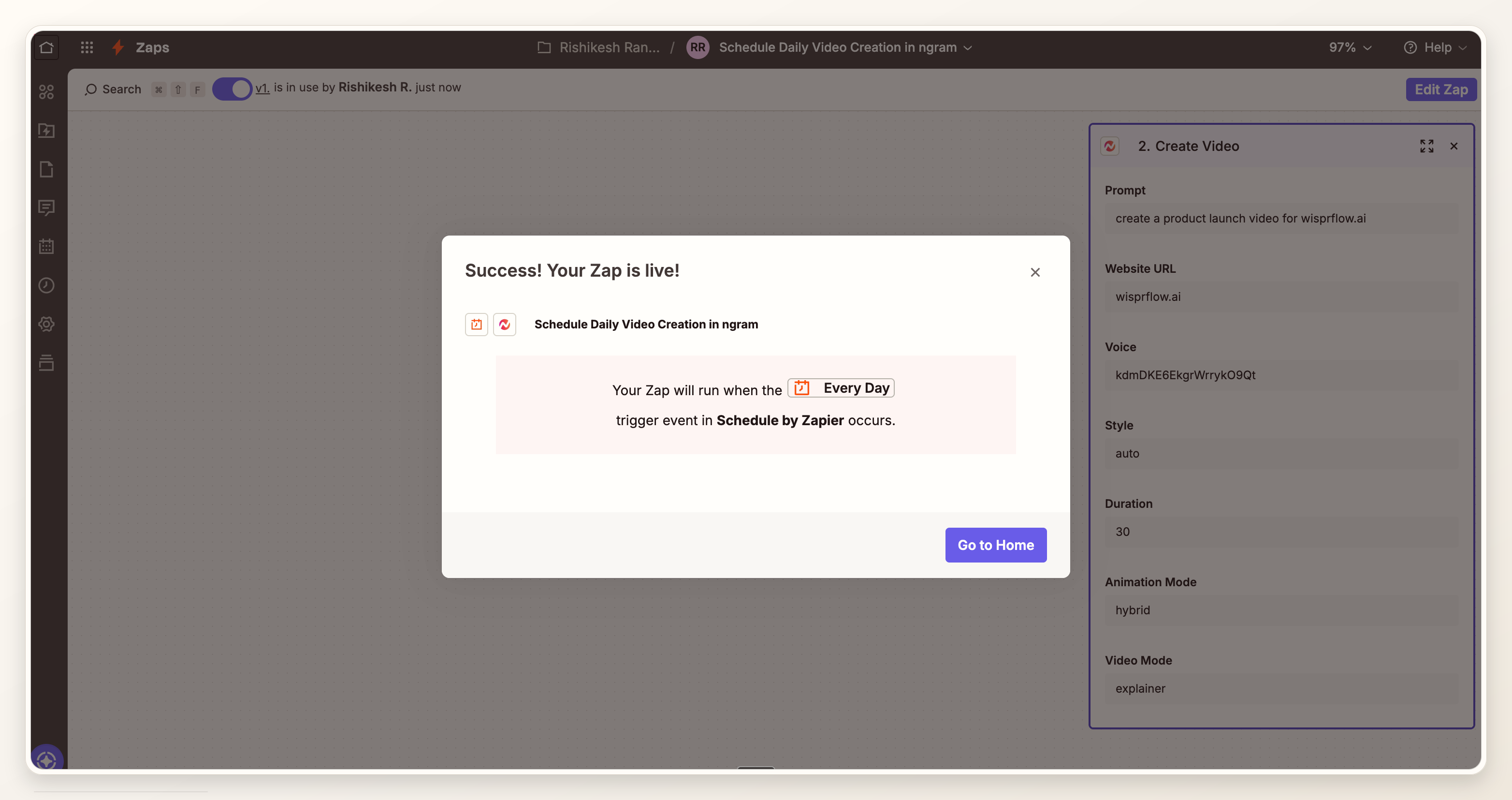 Zapier success modal confirming the video generation Zap is live.