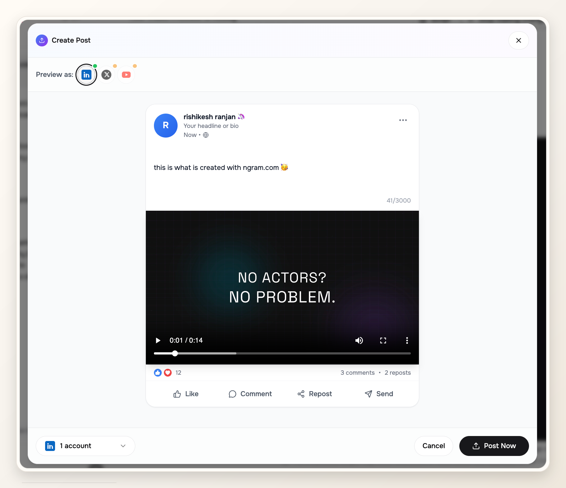 LinkedIn create post preview showing the ngram video, account selector, post copy, and publish controls.