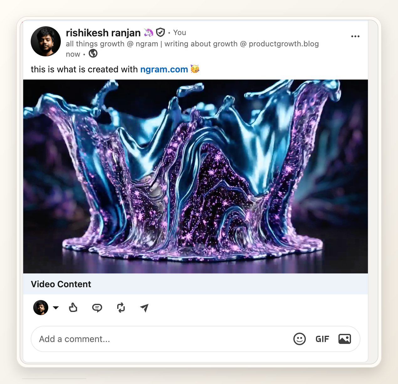 Live LinkedIn post showing the published ngram video and post copy.
